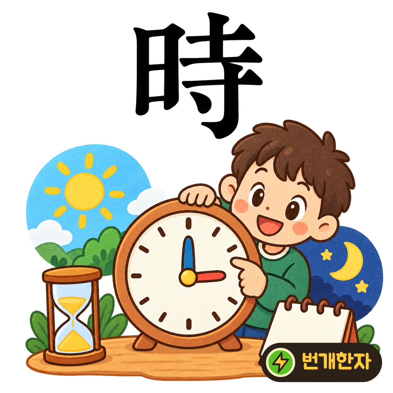 時: 해 日 옆에 절 寺가 있어요. 해가 움직이고 절의 종이 울려 때를 알려 준다고 상상해요. (기억 그림)