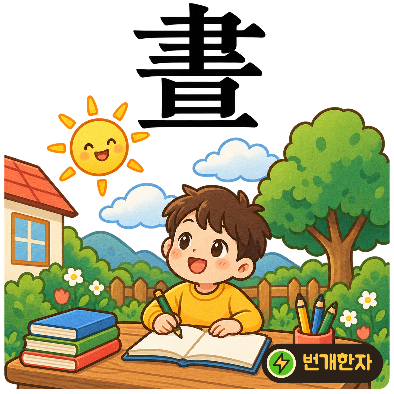 晝: 붓 같은 윗부분 아래에 日과 一이 있어요. 밝은 낮 동안 글을 한 줄 쓰는 모습을 떠올려요. (기억 그림)