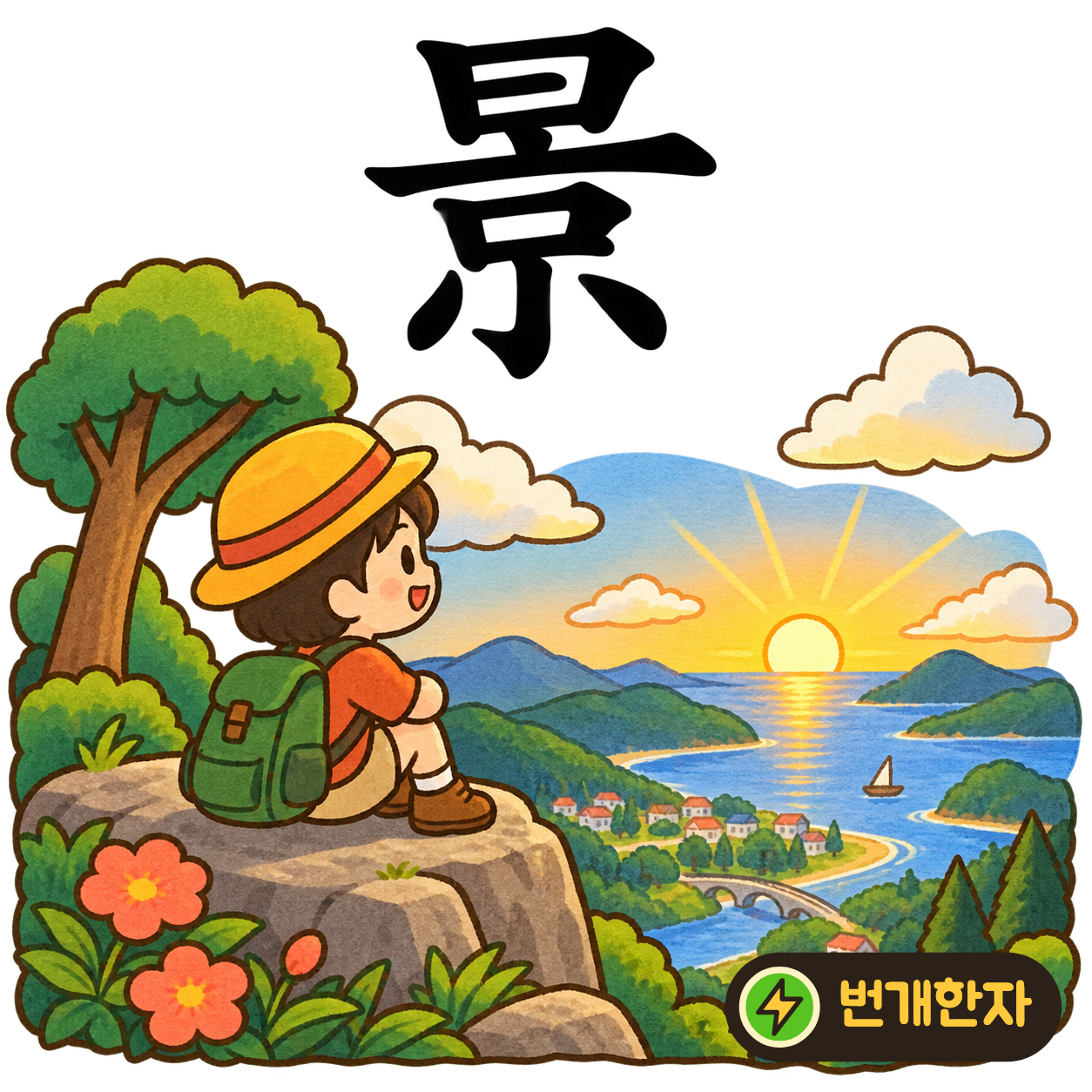 景: 해 日 아래에 서울 京이 있어요. 도시 위로 따뜻한 볕이 내리는 풍경이에요. (기억 그림)
