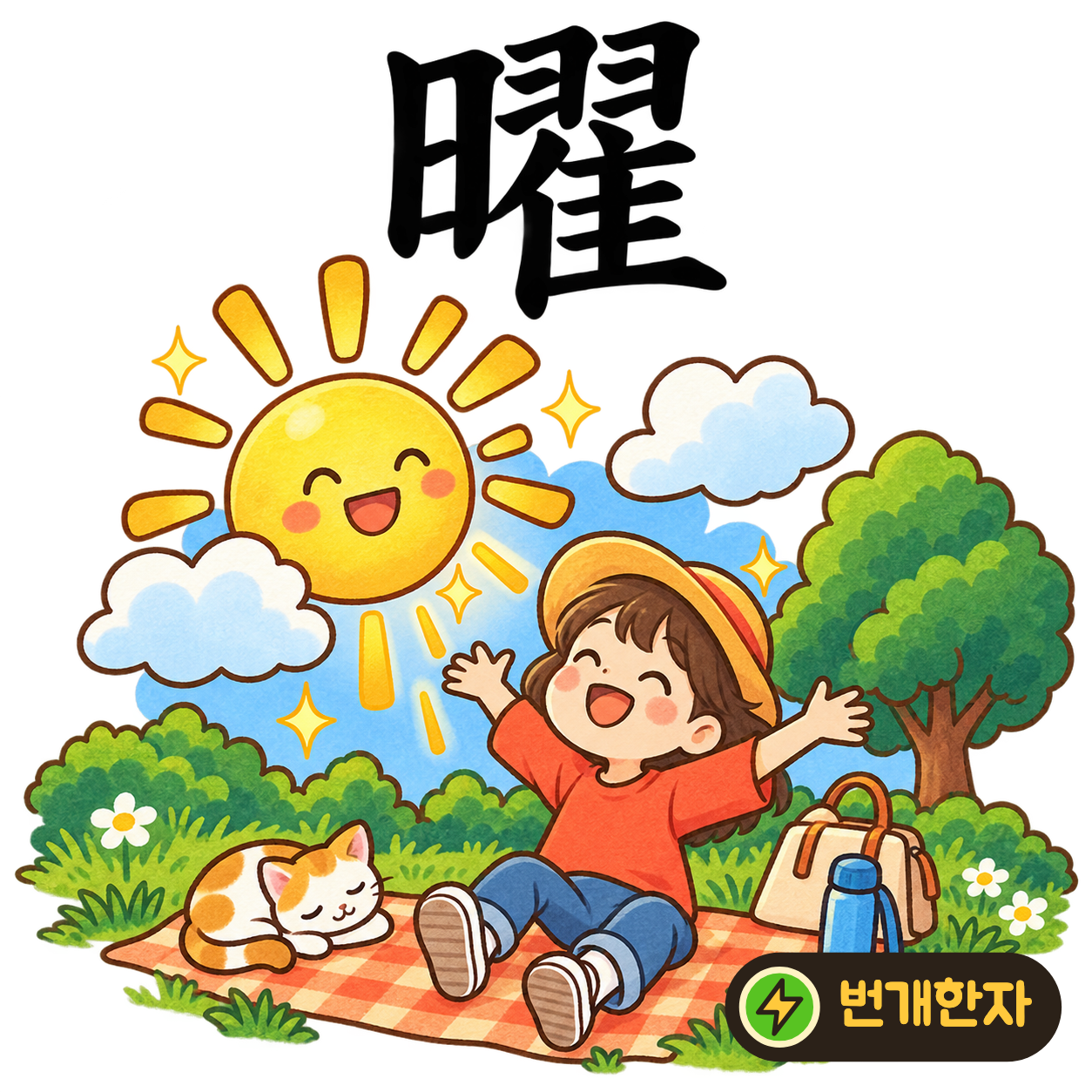 曜: 해 日 옆의 위쪽에 깃 모양 羽가 있어요. 새의 깃털에 햇빛이 반짝이는 모습을 상상해요. (기억 그림)