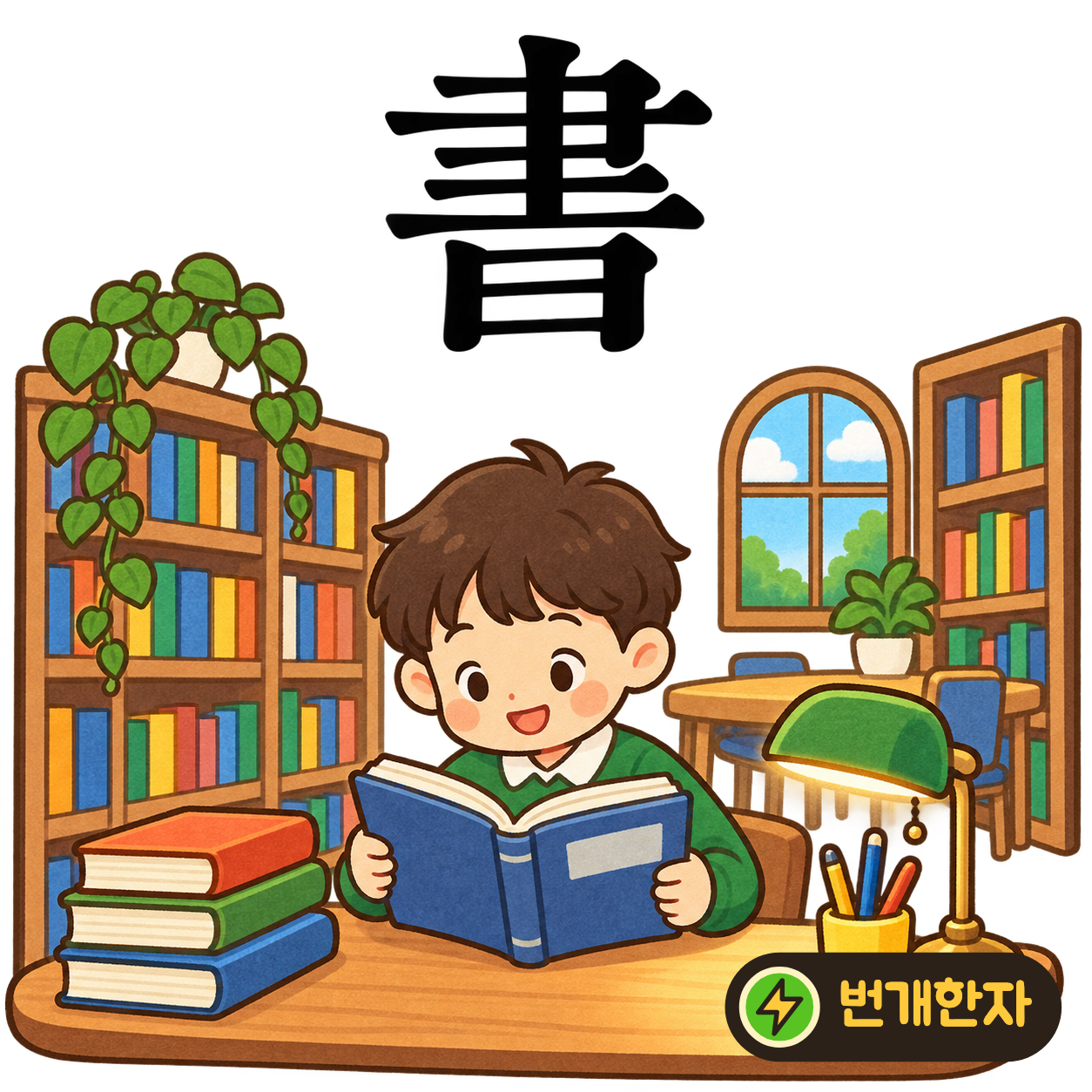 書: 붓 모양 聿 아래에 日 모양이 있어요. 붓으로 네모난 종이에 글을 쓰는 모습을 상상해요. (기억 그림)
