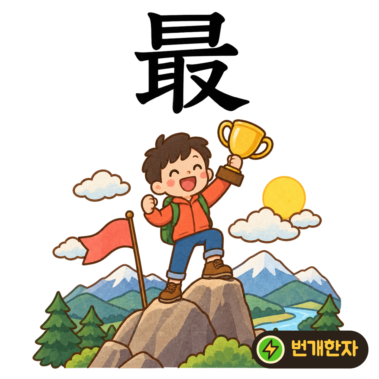 最: 해 日 아래에 취할 取가 있어요. 여러 물건 중 가장 좋은 것을 밝은 곳에서 집어 들어요. (기억 그림)
