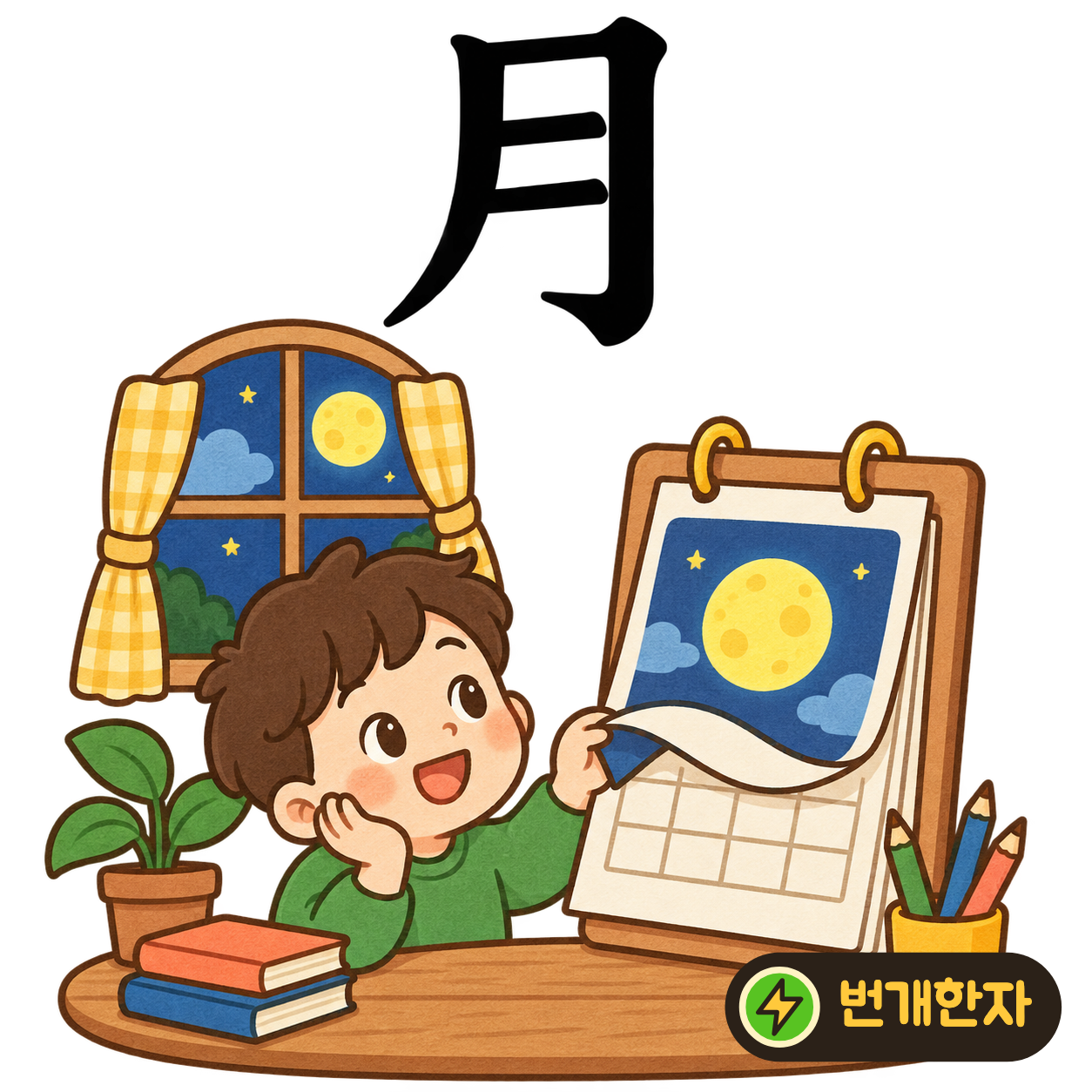 月: 길쭉한 테두리 안에 짧은 가로획 두 개가 있어요. 밤하늘의 길쭉한 달과 그 안의 무늬를 떠올려요. (기억 그림)