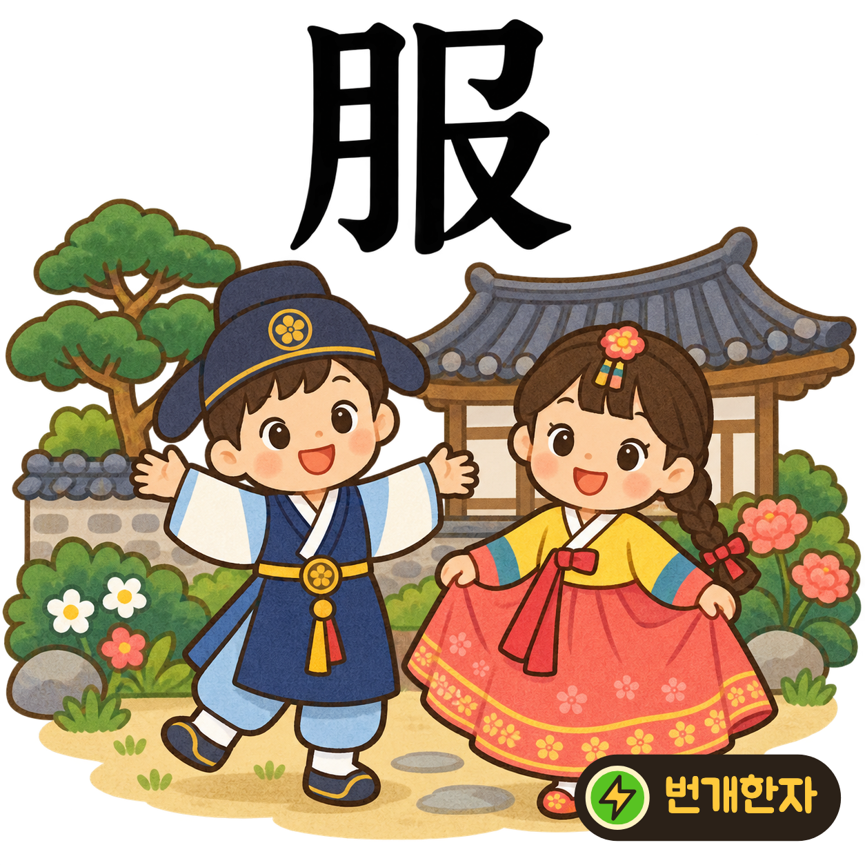 服: 왼쪽 月 옆의 아래에 又가 있어요. 옷을 손으로 매만지며 입는 모습을 떠올려요. (기억 그림)