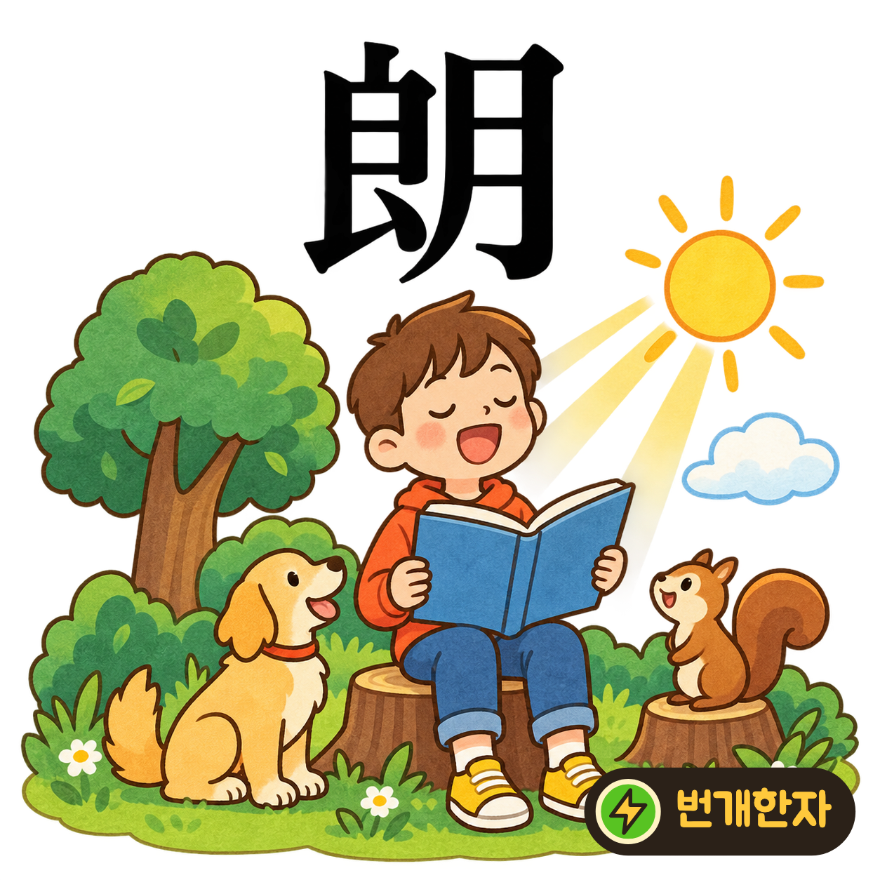 朗: 왼쪽 良을 닮은 모양 옆에 달 月이 있어요. 좋은 밤에 달이 환하게 밝은 모습을 상상해요. (기억 그림)