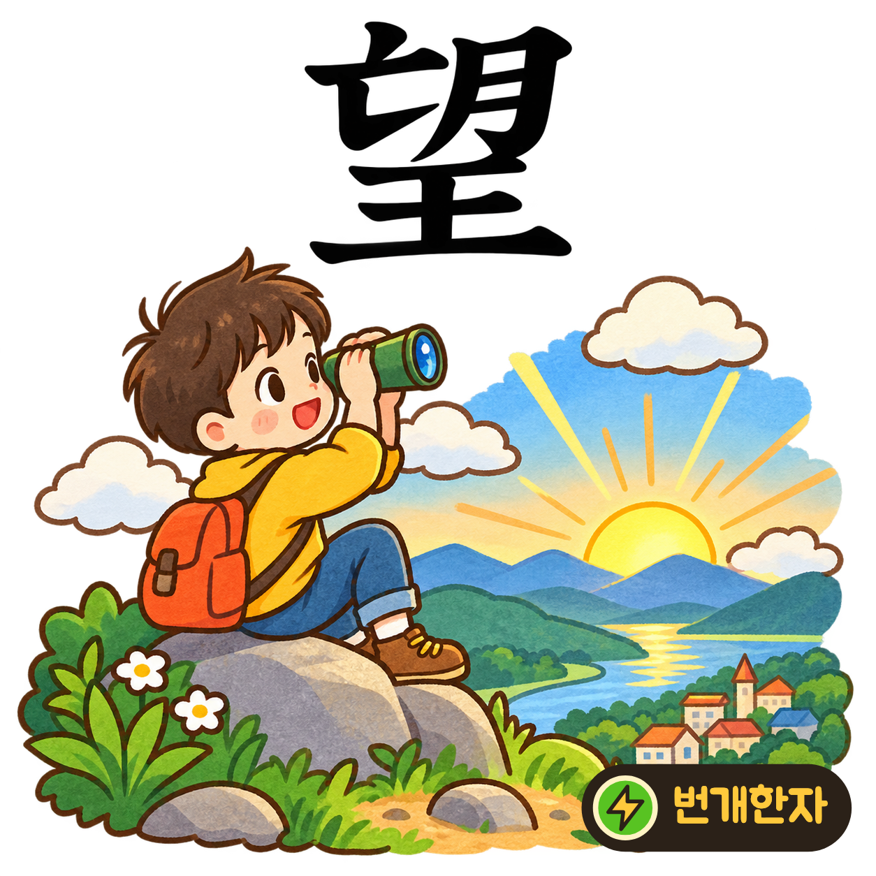 望: 윗부분에 달 月, 아랫부분에 王이 있어요. 달을 올려다보며 바라는 일을 떠올려요. (기억 그림)