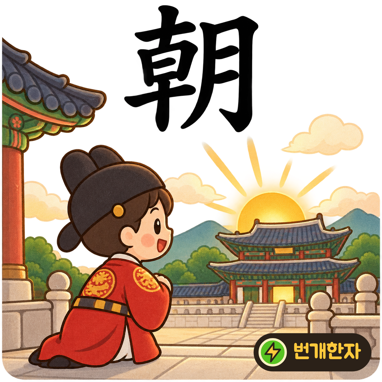 朝: 왼쪽에 日을 낀 획들, 오른쪽에 달 月이 있어요. 달이 남아 있을 때 해가 떠오르는 아침이에요. (기억 그림)