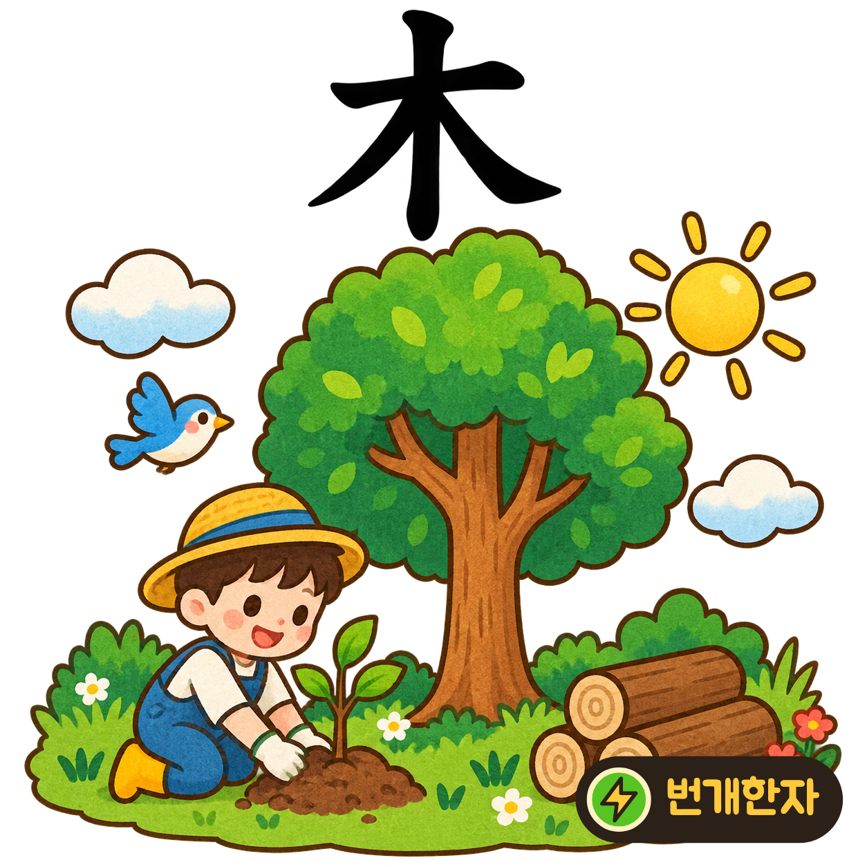 木: 가운데 줄기에서 가지가 양옆으로 뻗어요. 땅에 뿌리내린 나무 한 그루를 떠올려요. (기억 그림)