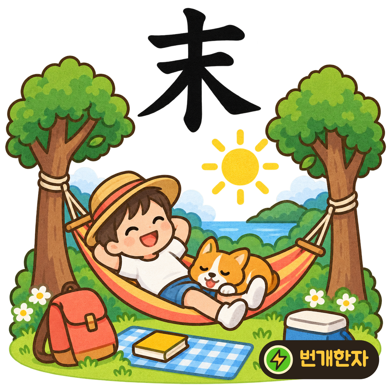 末: 나무 木의 맨 위 가로획이 길어요. 나무의 가장 높은 끝을 길게 표시했다고 기억해요. (기억 그림)