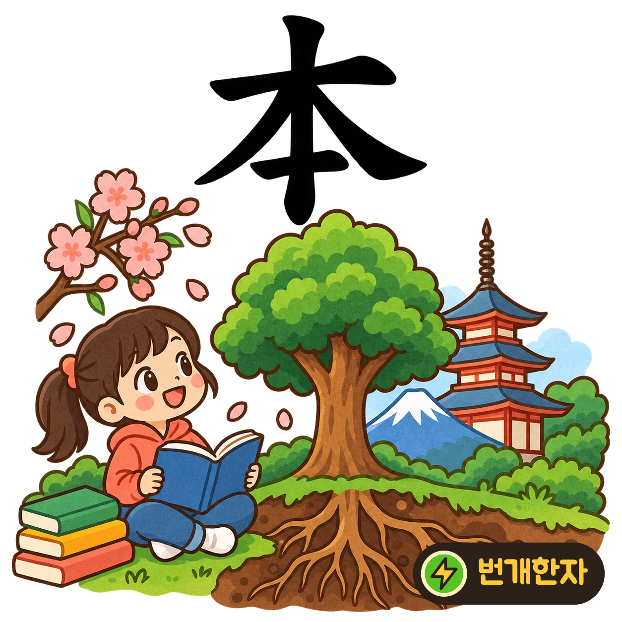 本: 나무 木 아래쪽에 짧은 가로획이 있어요. 나무가 시작되는 뿌리 자리를 표시한 모습이에요. (기억 그림)