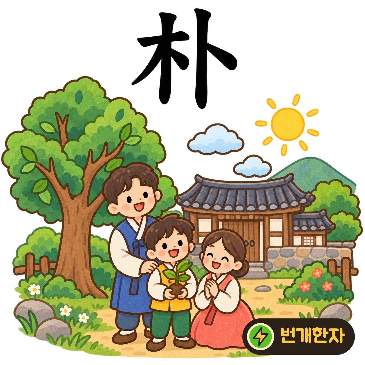 朴: 나무 木 옆에 卜이 있어요. 나무 옆의 작은 표지판에 ‘박’이라는 성을 적는다고 상상해요. (기억 그림)