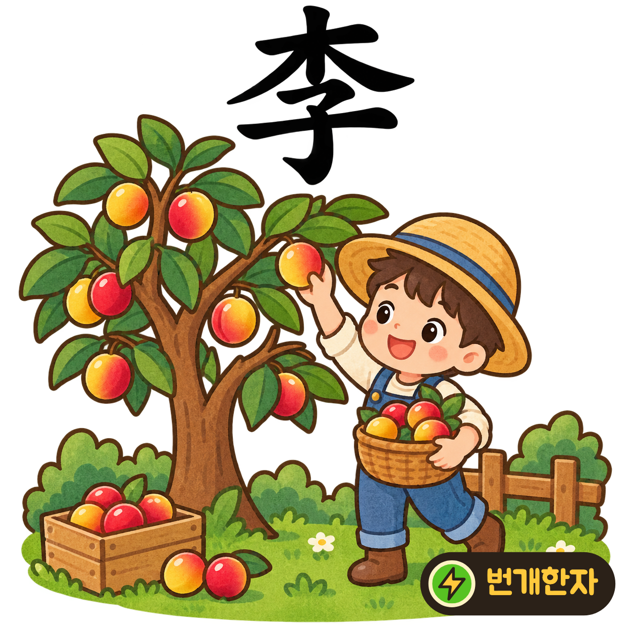 李: 나무 木 아래에 아이 子가 있어요. 아이가 오얏나무 밑에서 열매를 기다리는 장면이에요. (기억 그림)