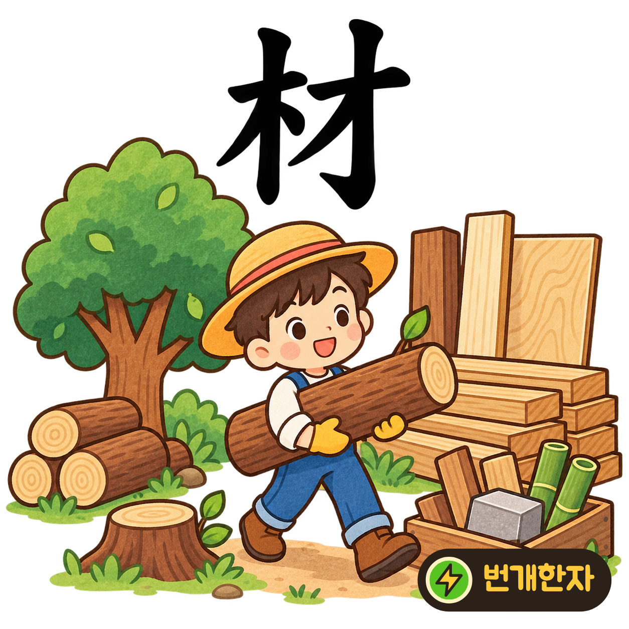材: 나무 木 옆에 재주 才가 있어요. 나무 재료로 재주껏 물건을 만드는 모습을 떠올려요. (기억 그림)