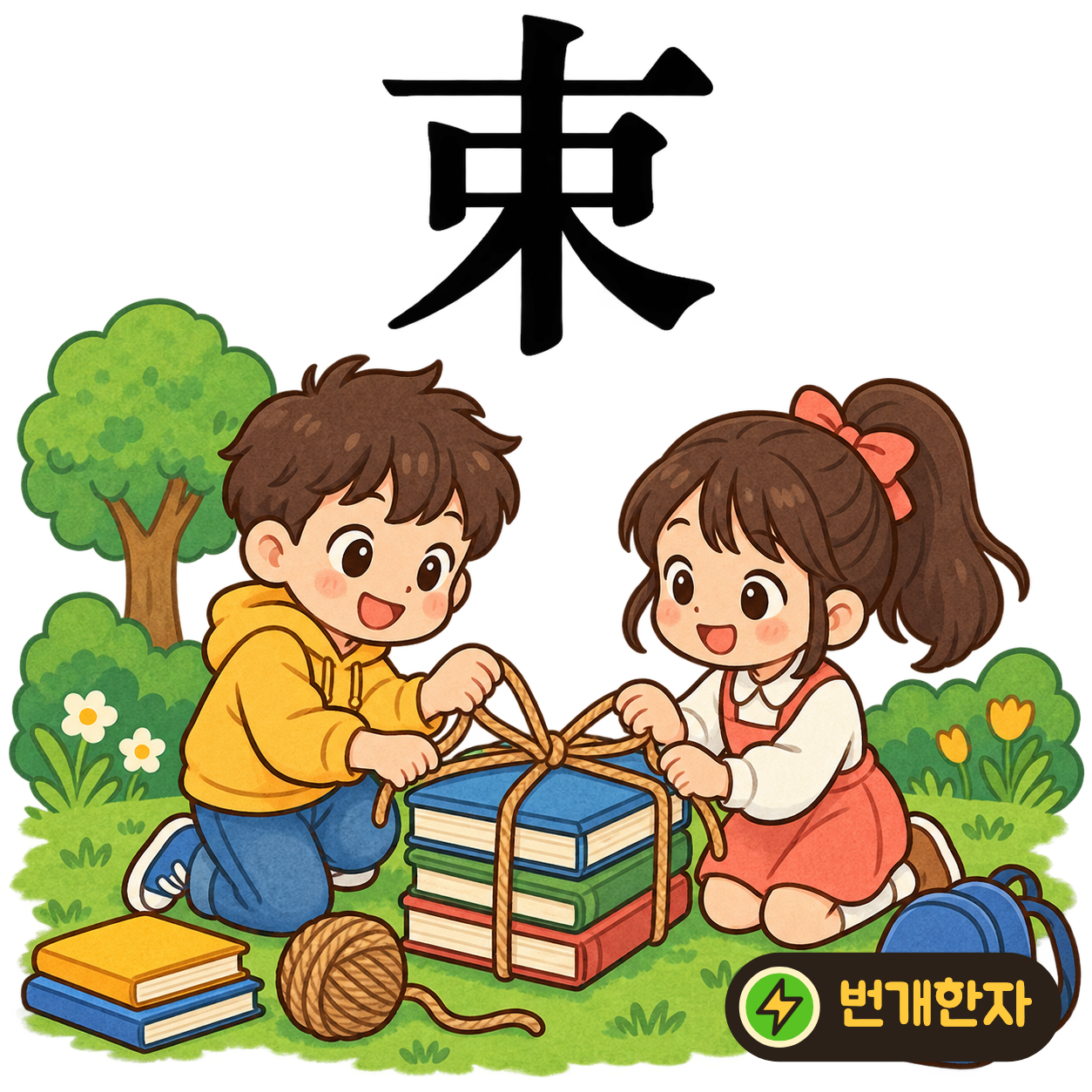 束: 나무 木 한가운데를 口 모양이 둘러싸요. 나뭇가지들을 끈으로 묶은 모습으로 기억해요. (기억 그림)