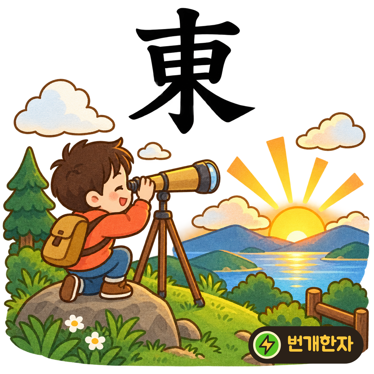 東: 나무 木 가운데에 해 日 모양이 있어요. 나무 사이로 해가 떠오르는 동쪽을 상상해요. (기억 그림)