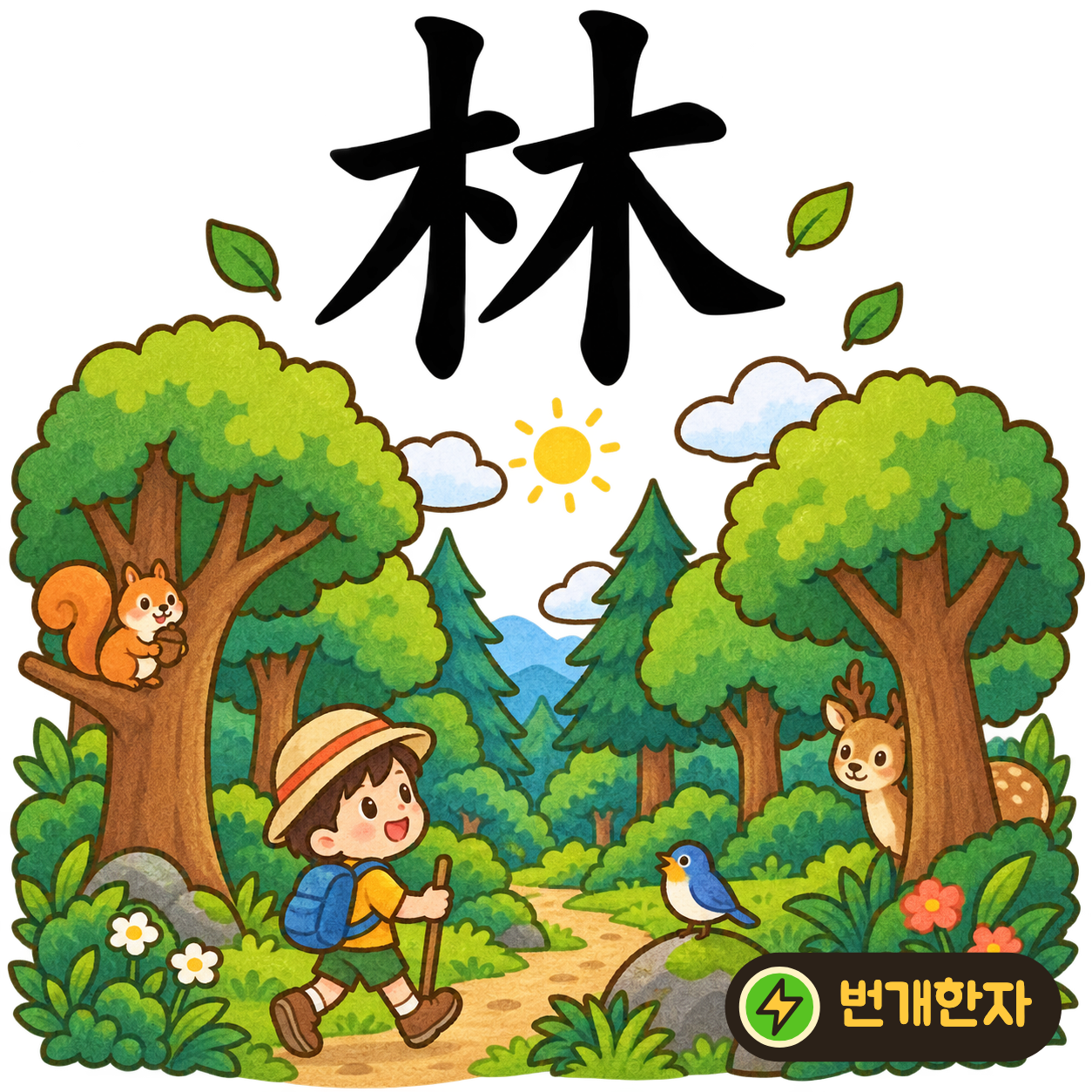 林: 나무 木 두 그루가 나란히 있어요. 나무들이 함께 자란 수풀을 떠올려요. (기억 그림)