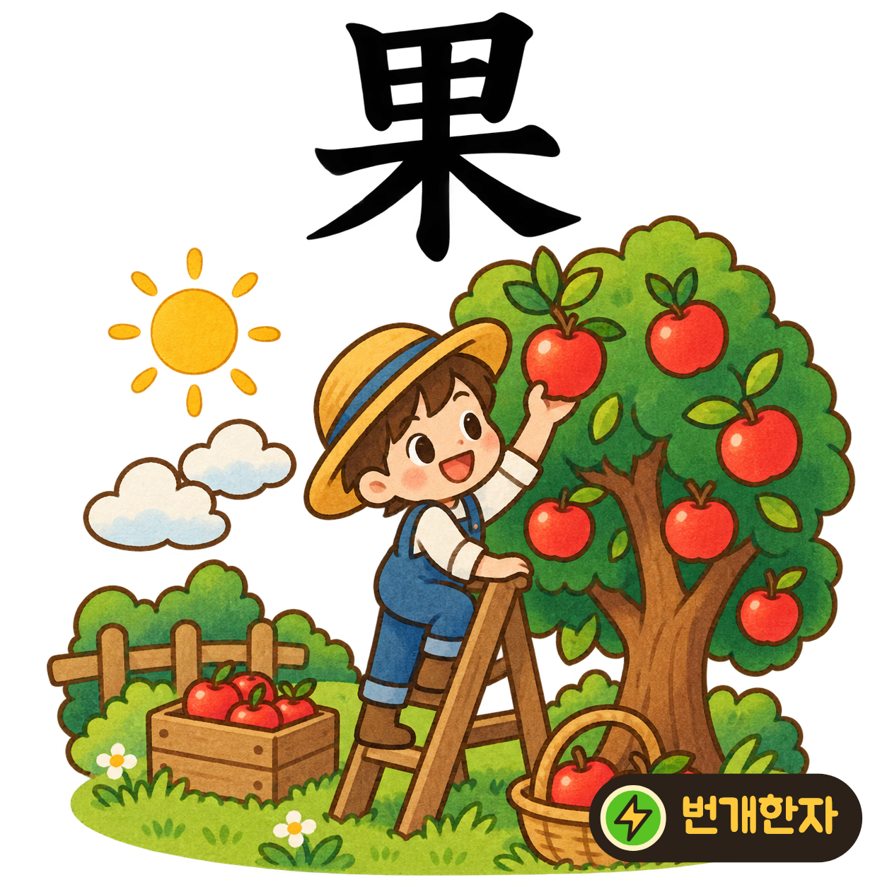 果: 밭 田 모양 아래로 나무 木의 가지가 뻗어요. 나무 위에 커다란 열매가 달렸다고 상상해요. (기억 그림)