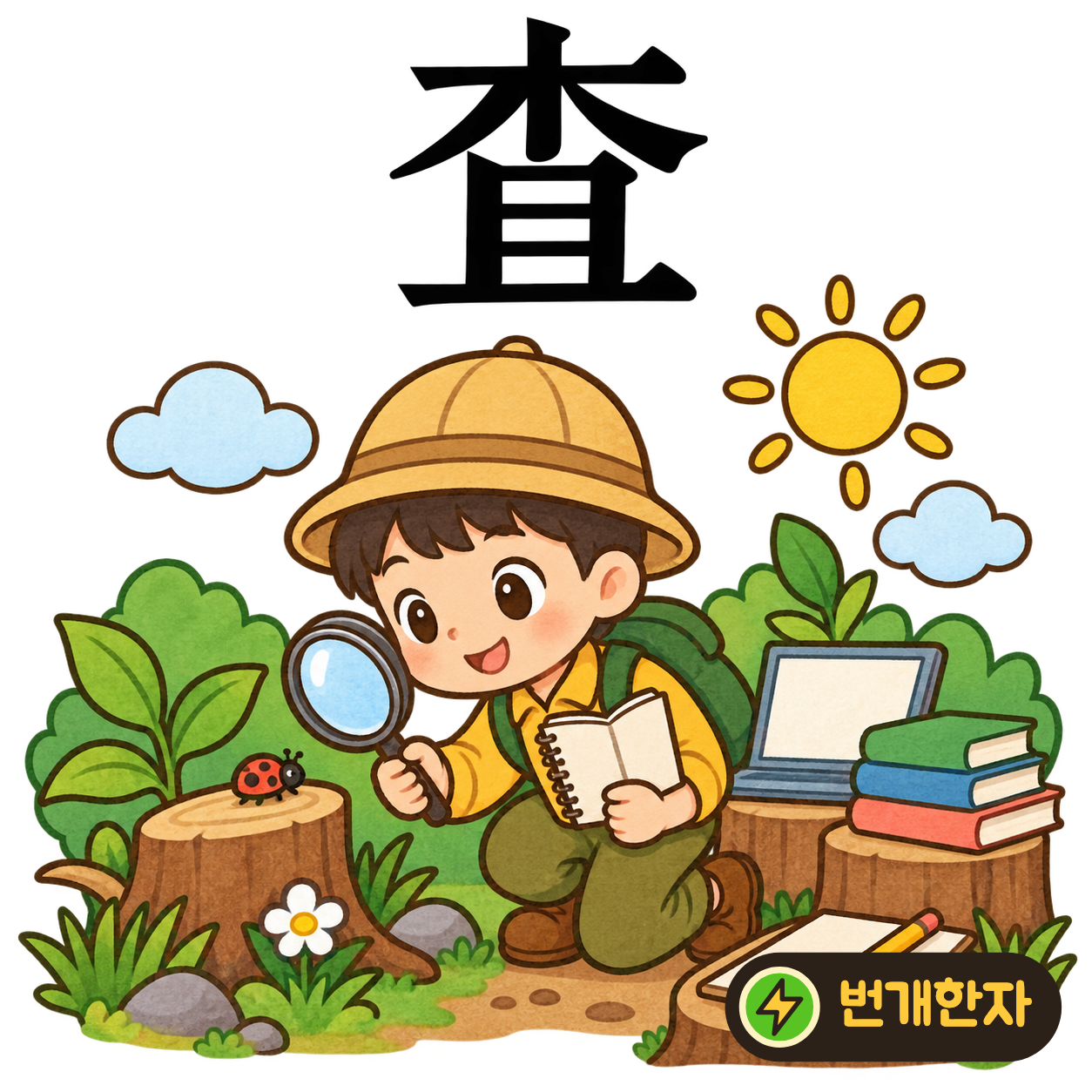 査: 나무 木 아래에 且가 있어요. 나무 받침에 물건을 올려 꼼꼼하게 조사해요. (기억 그림)