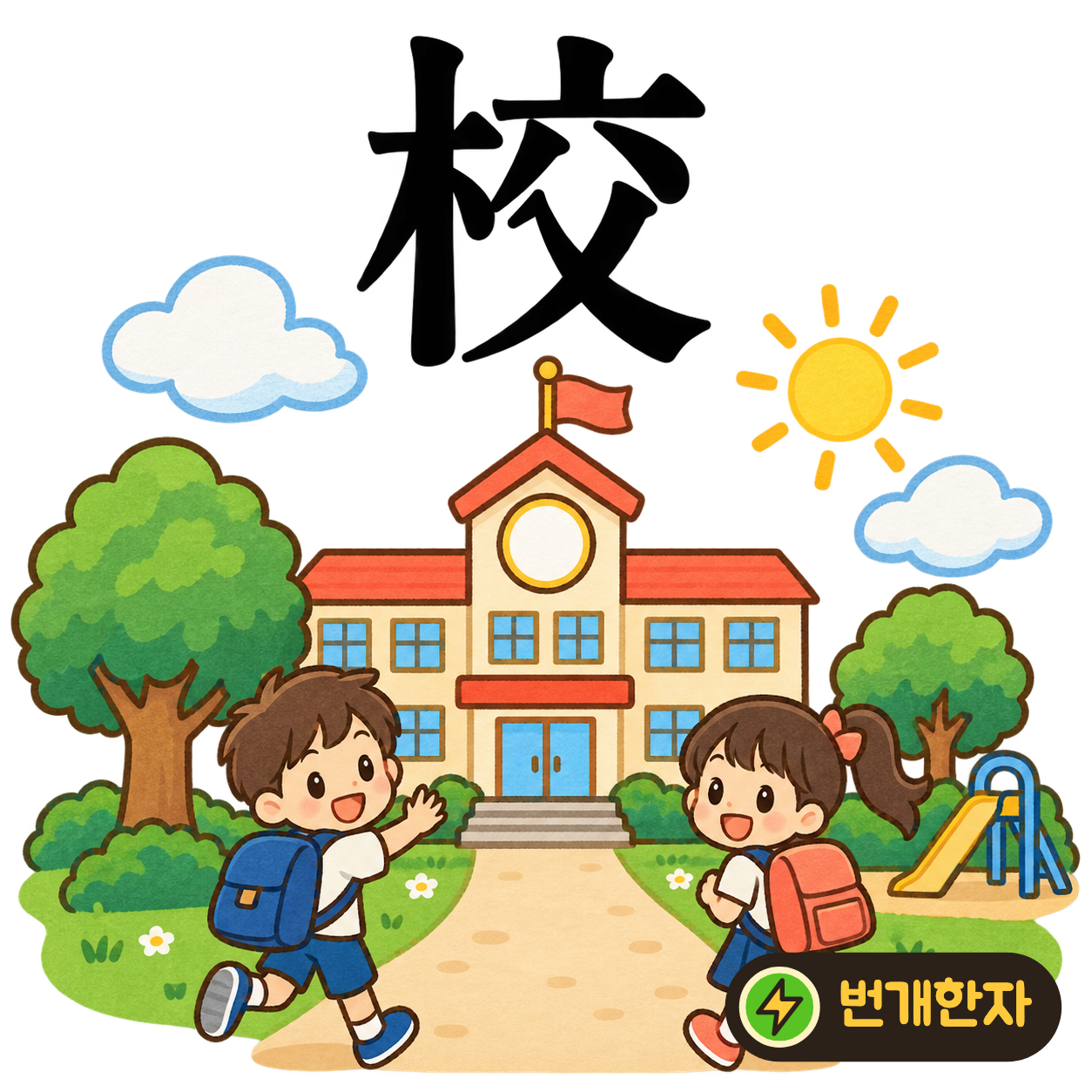 校: 나무 木 옆에 사귈 交가 있어요. 나무 있는 운동장에서 친구를 사귀는 학교를 떠올려요. (기억 그림)