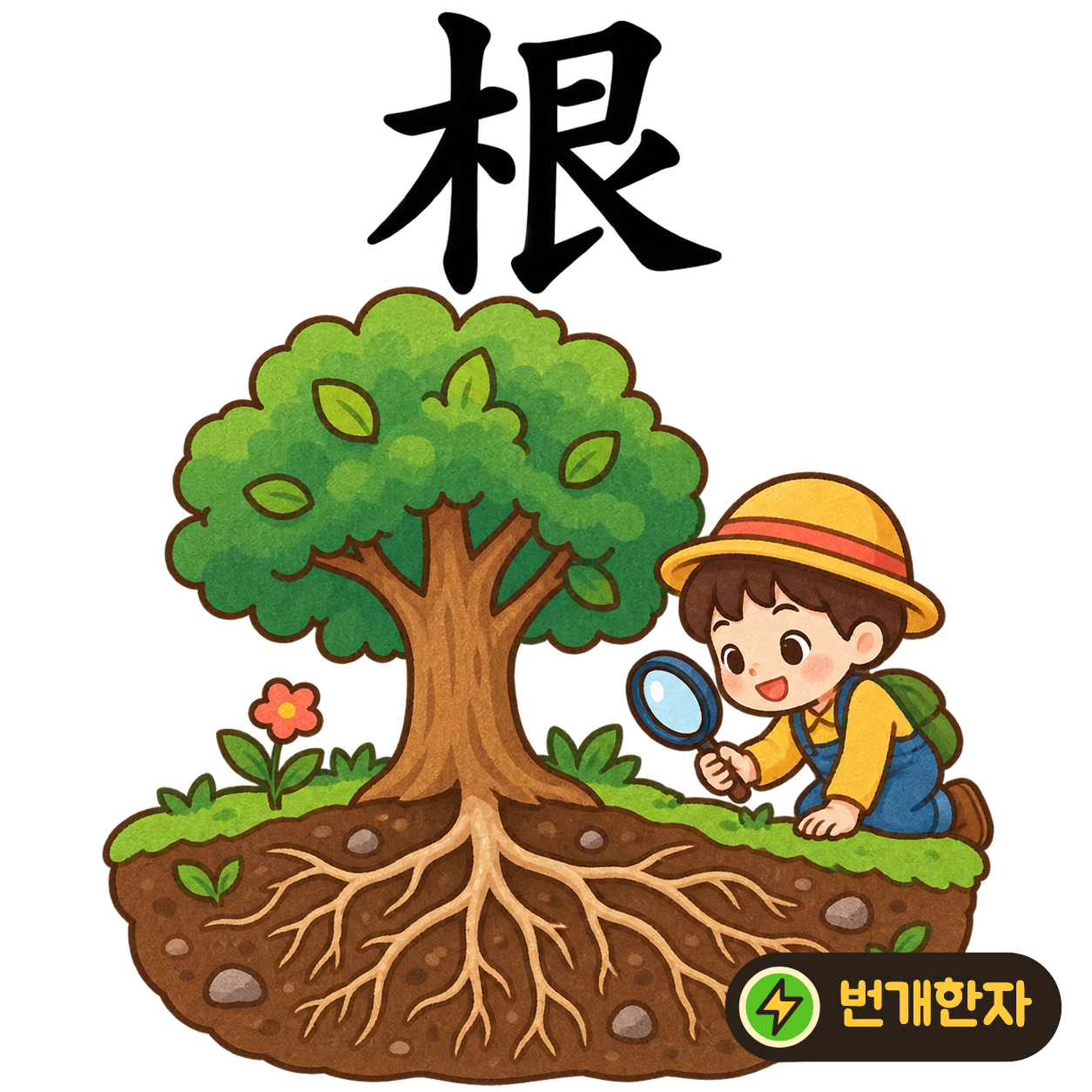 根: 나무 木 옆에 艮이 있어요. 나무 아래로 단단히 뻗어 자리를 잡는 뿌리를 상상해요. (기억 그림)