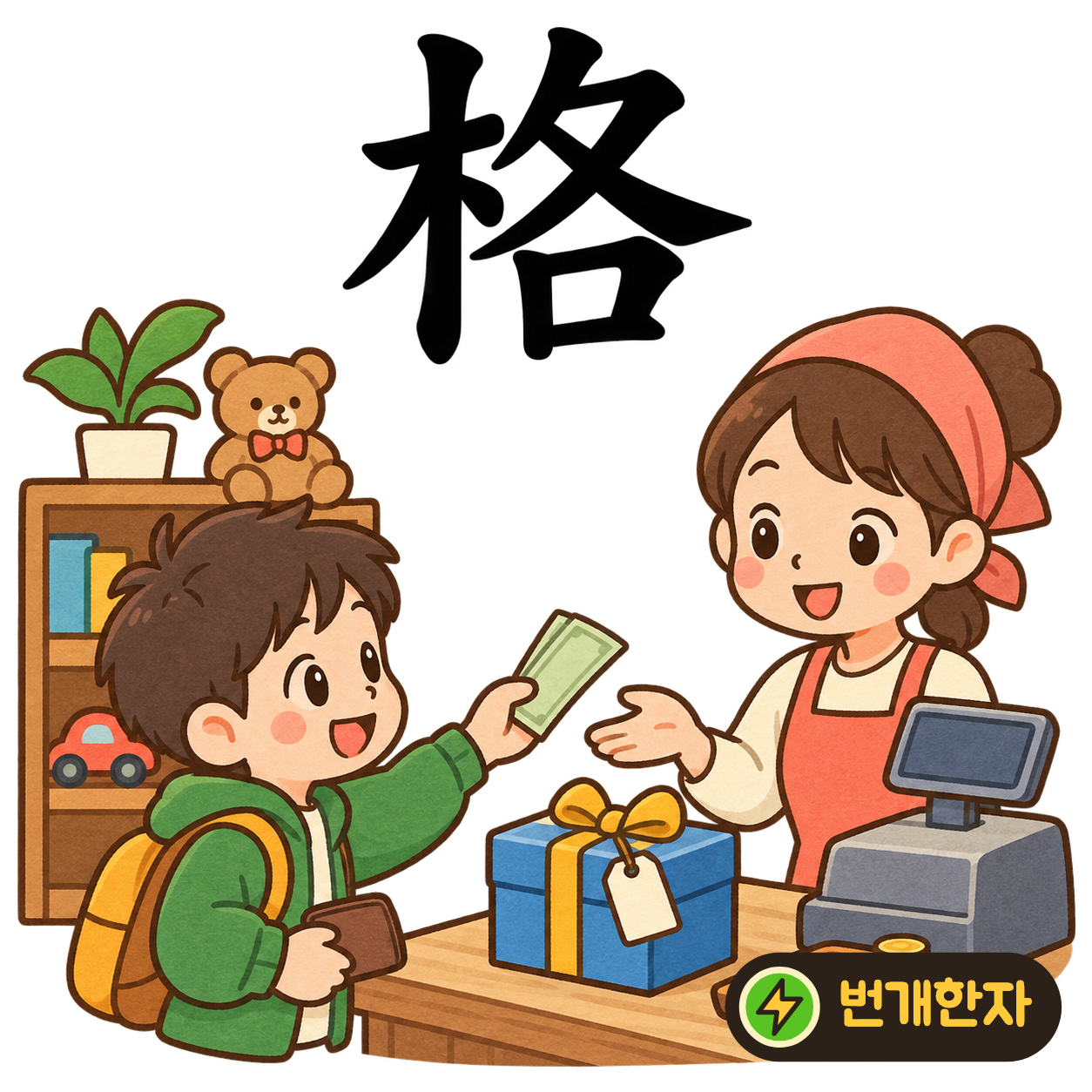 格: 나무 木 옆에 각각 各이 있어요. 나무 칸마다 정해진 격식에 맞춰 물건을 놓아요. (기억 그림)