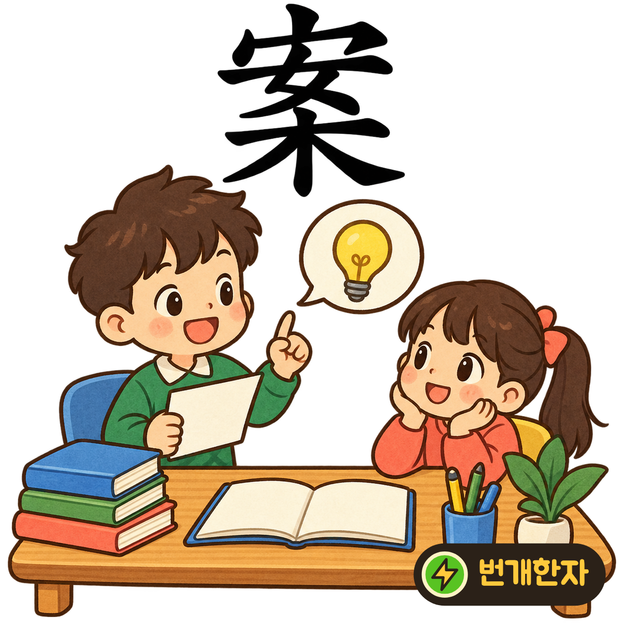 案: 편안할 安 아래에 나무 木이 있어요. 나무 책상 앞에 편안히 앉아 공부해요. (기억 그림)