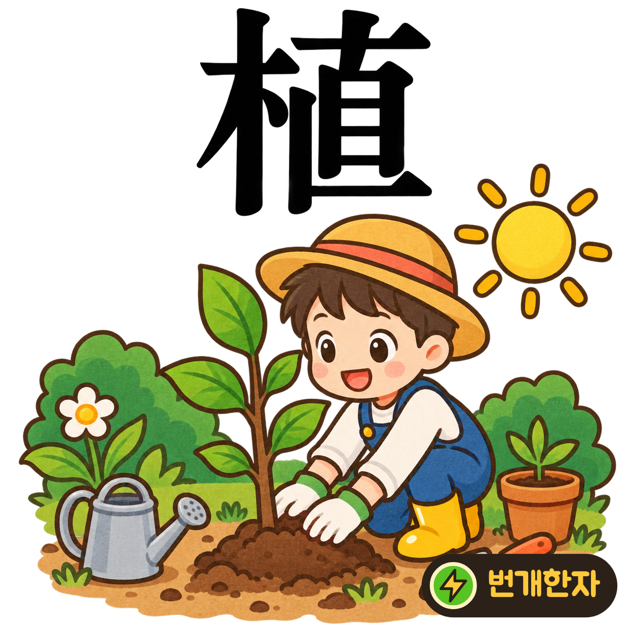 植: 나무 木 옆에 곧을 直이 있어요. 나무를 땅에 똑바로 세워 심는 모습이에요. (기억 그림)