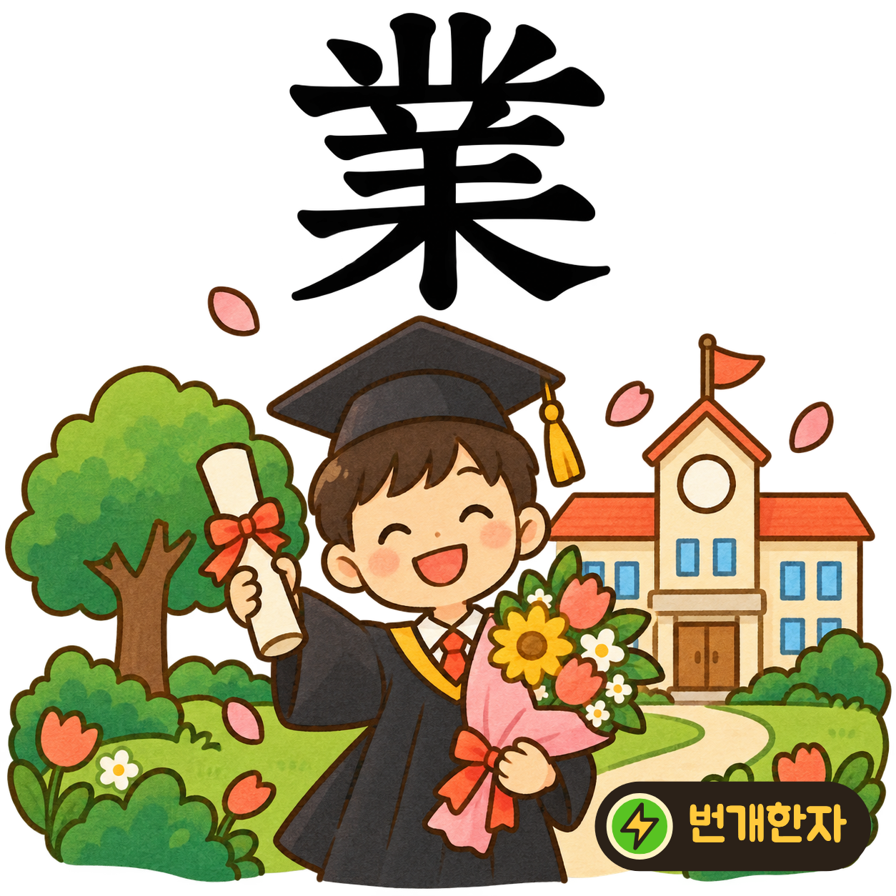 業: 윗부분의 여러 획 아래에 나무 같은 가지가 뻗어요. 일터에 필요한 도구를 가지런히 놓고 일을 시작해요. (기억 그림)