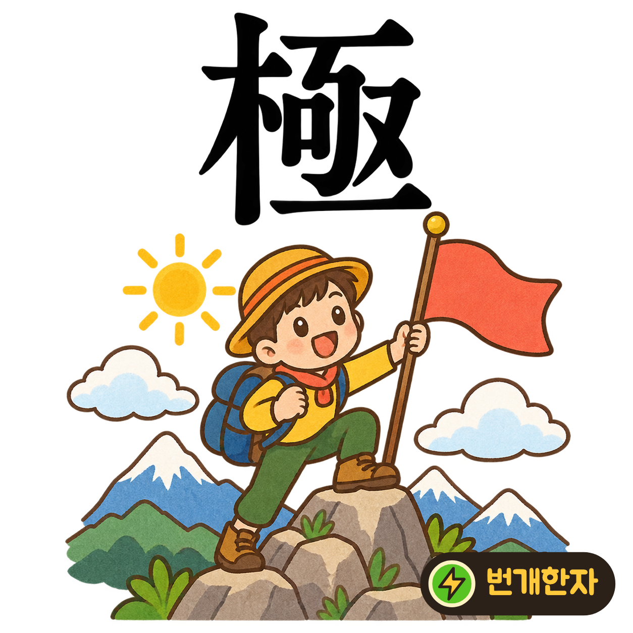 極: 나무 木 옆에 촘촘한 획들이 이어져 있어요. 나무 막대의 맨 끝까지 손을 뻗는다고 상상해요. (기억 그림)