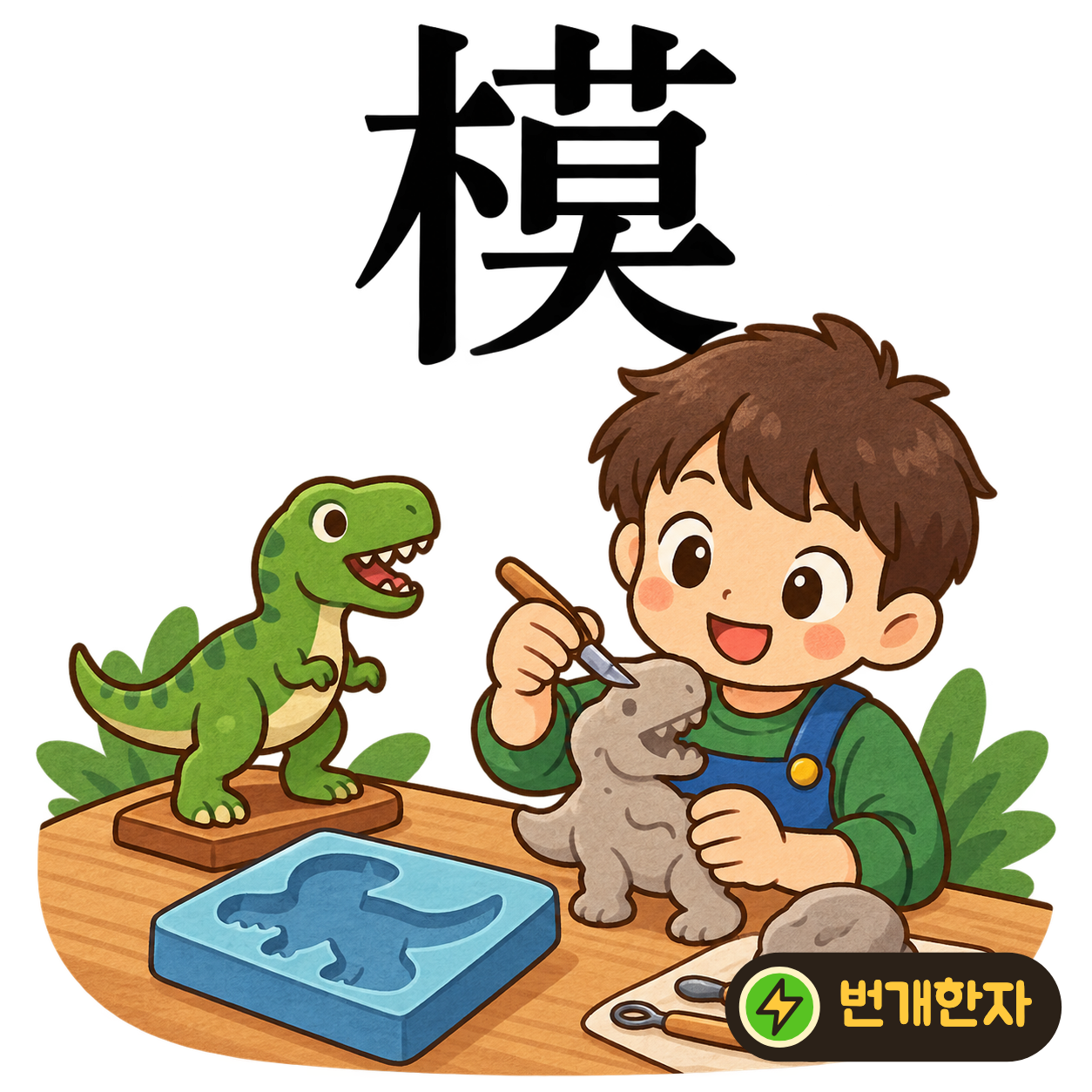 模: 나무 木 옆에 저물 莫이 있어요. 나무 조각으로 눈앞의 모습을 그대로 본떠 만들어요. (기억 그림)