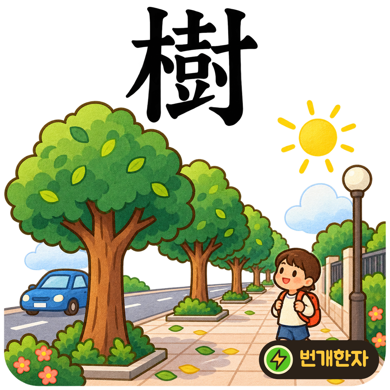樹: 왼쪽에 나무 木, 오른쪽 끝에 寸이 있어요. 손으로 정성껏 돌보아 자란 큰 나무를 떠올려요. (기억 그림)