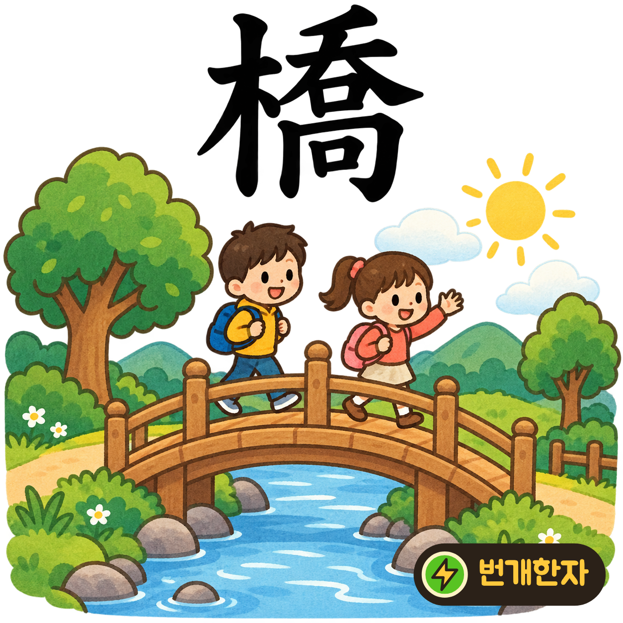 橋: 나무 木 옆에 높이 솟은 喬가 있어요. 나무로 만든 높은 다리를 건너는 모습을 상상해요. (기억 그림)
