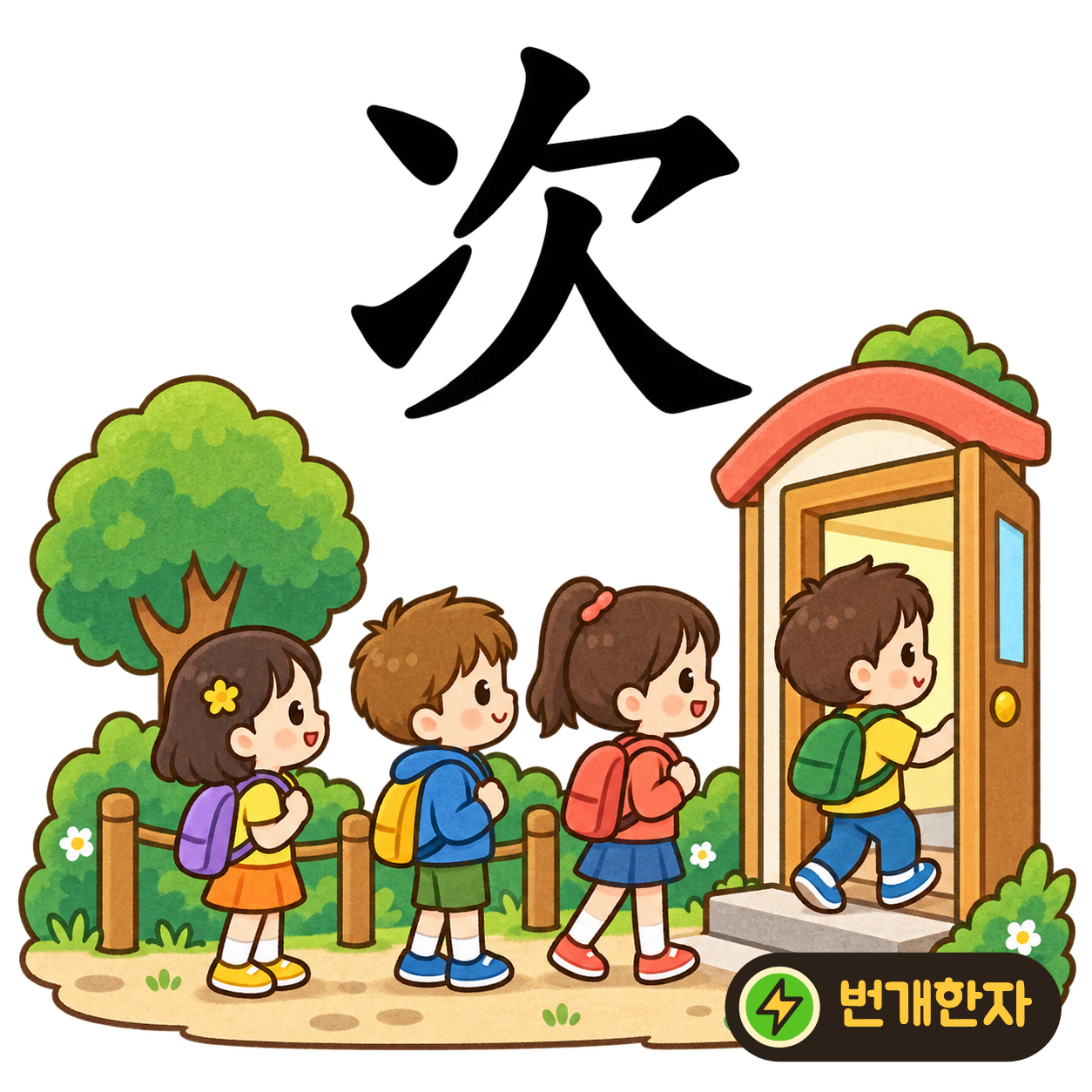 次: 왼쪽의 두 획 옆에 欠이 있어요. 앞사람 다음인 두 번째 차례를 기다리는 모습을 상상해요. (기억 그림)