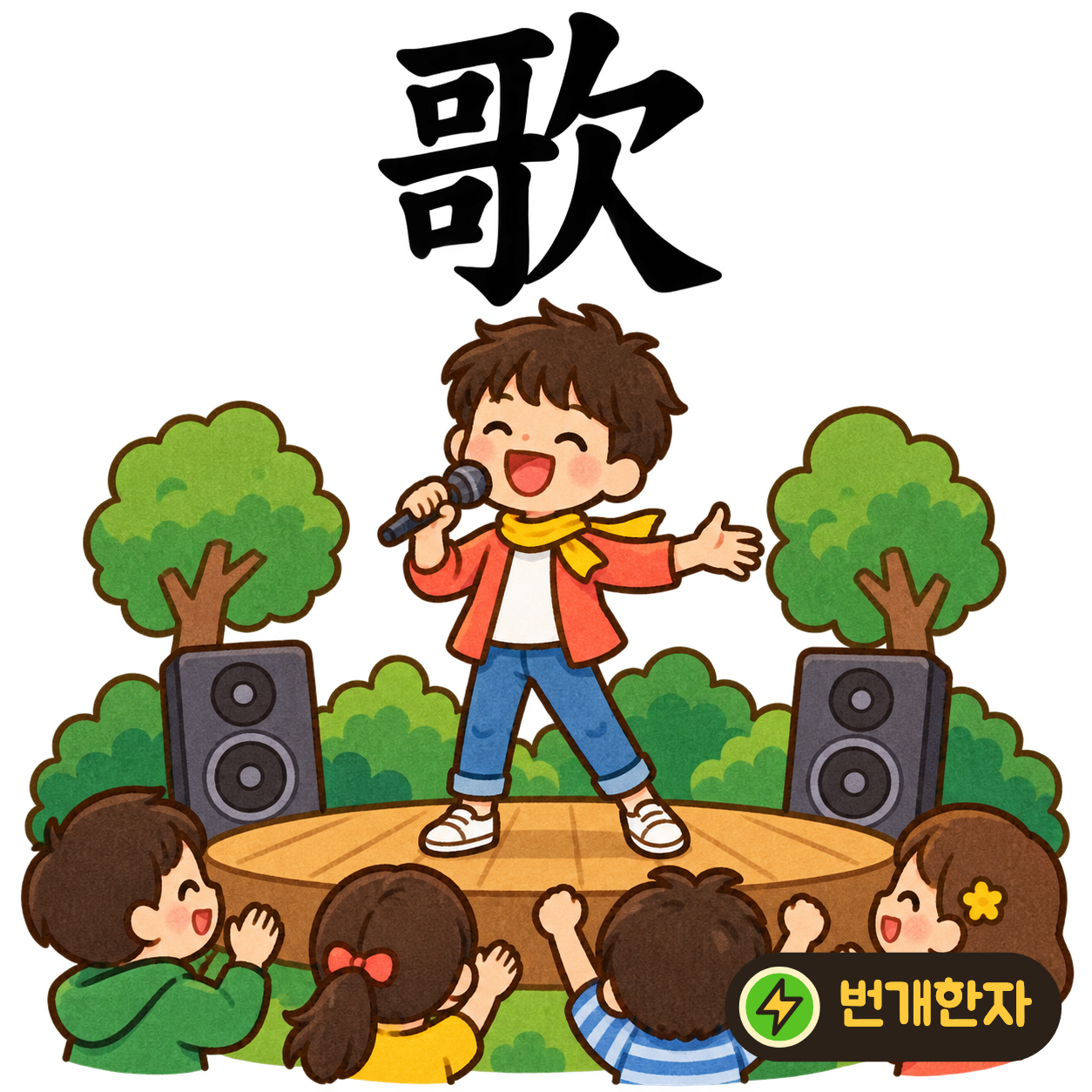 歌: 옳을 可가 두 개 든 哥 옆에 欠이 있어요. 두 구절을 번갈아 소리 내어 노래하는 장면이에요. (기억 그림)