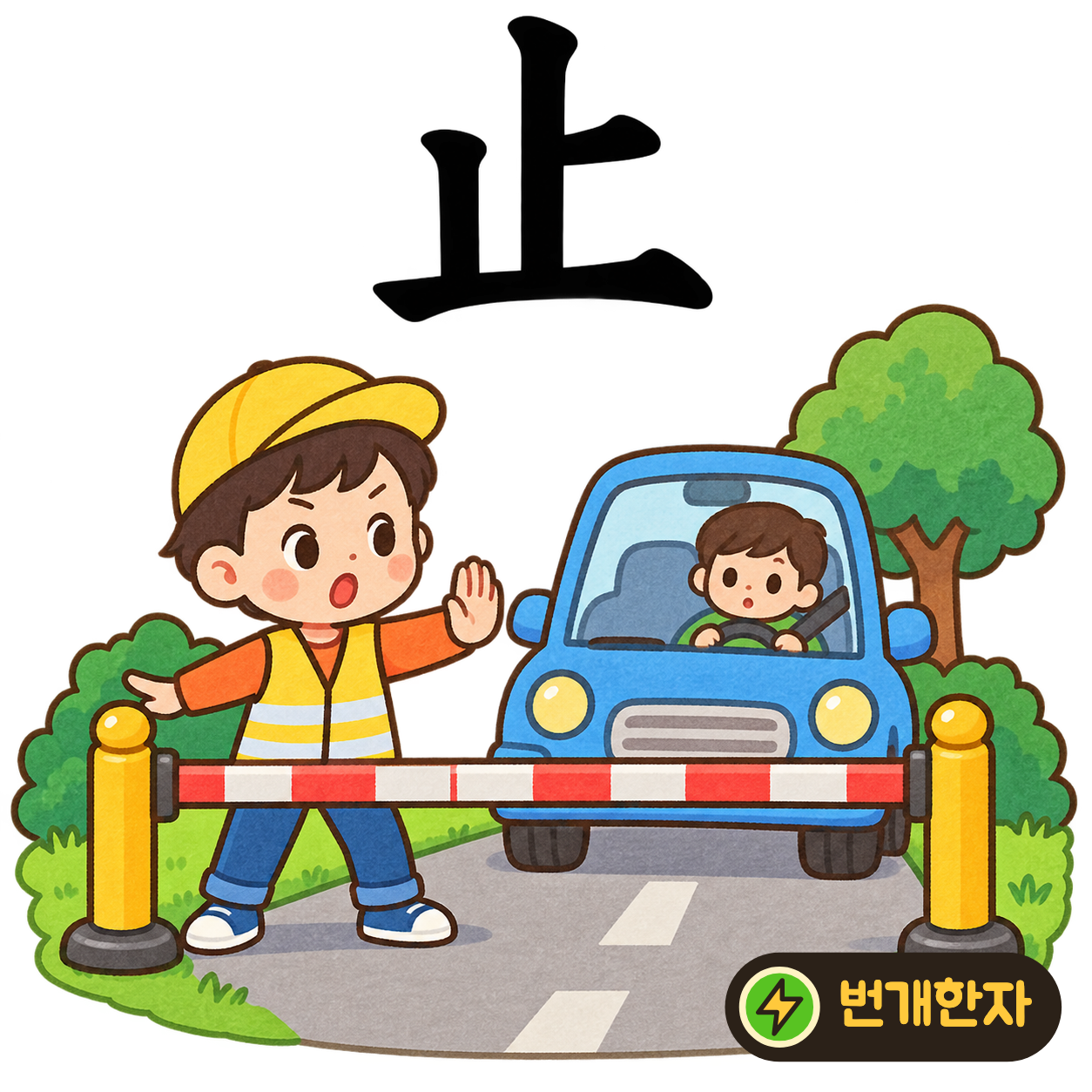 止: 아래 가로선 위에 획들이 멈춰 서 있어요. 멈춤선 앞에 발을 딱 세운 모습을 떠올려요. (기억 그림)