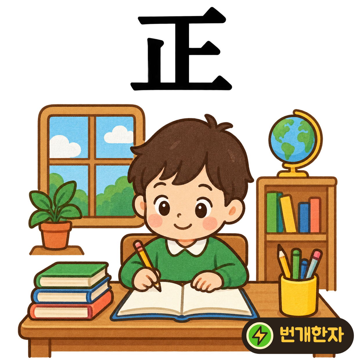 正: 그칠 止 위에 一이 있어요. 선 앞에 바르게 멈추어 선 모습을 떠올려요. (기억 그림)