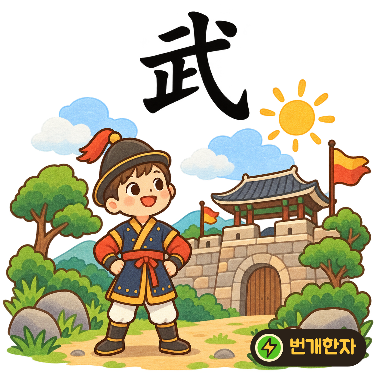 武: 그칠 止와 창 戈를 닮은 긴 획이 보여요. 발을 굳게 딛고 무기를 든 무사의 모습을 떠올려요. (기억 그림)