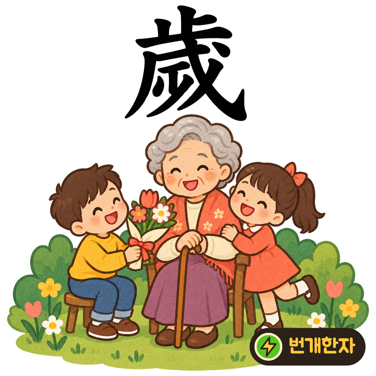 歲: 윗부분에 止가 있고 아래로 여러 획이 내려와요. 한 걸음씩 시간을 지나 한 해가 쌓인다고 상상해요. (기억 그림)