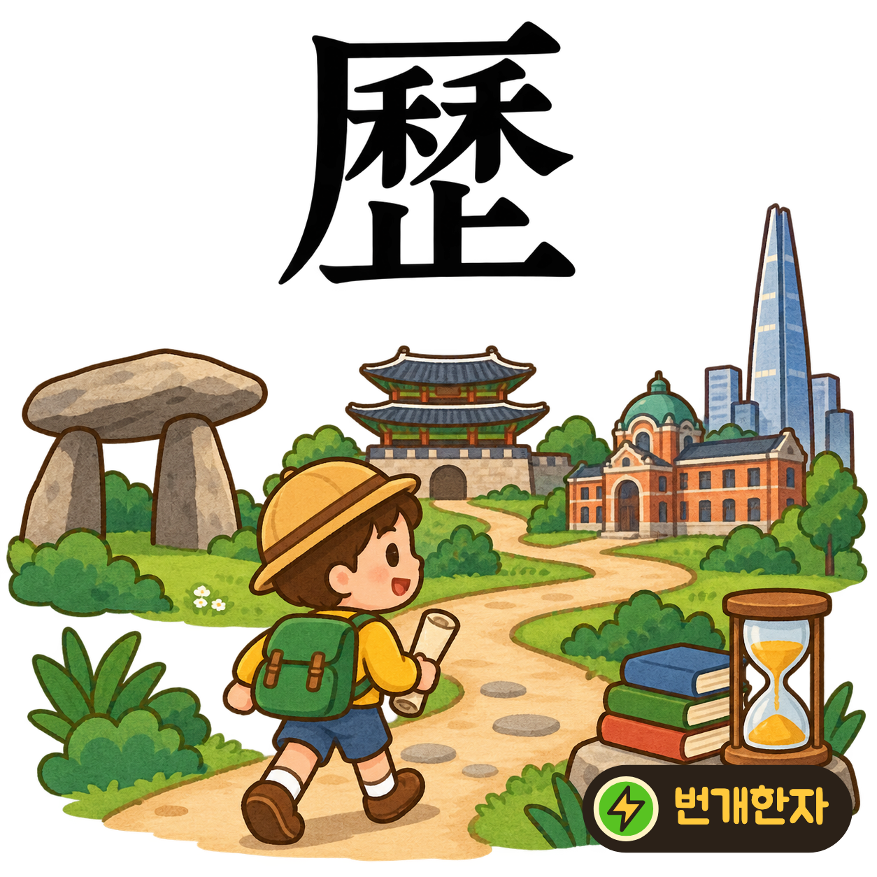 歷: 덮개 厂 아래에 곡식 禾 둘과 止가 있어요. 곡식밭을 차례로 지나온 발자취를 떠올려요. (기억 그림)