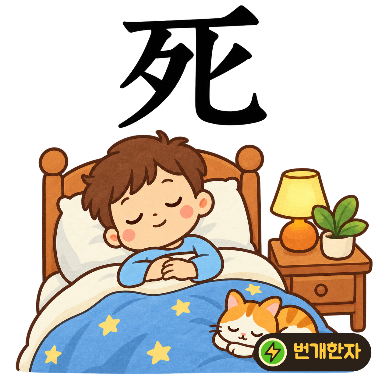 死: 왼쪽 歹 옆에 匕가 있어요. 움직이던 것이 멈추고 조용히 쉬는 장면으로 죽음을 기억해요. (기억 그림)