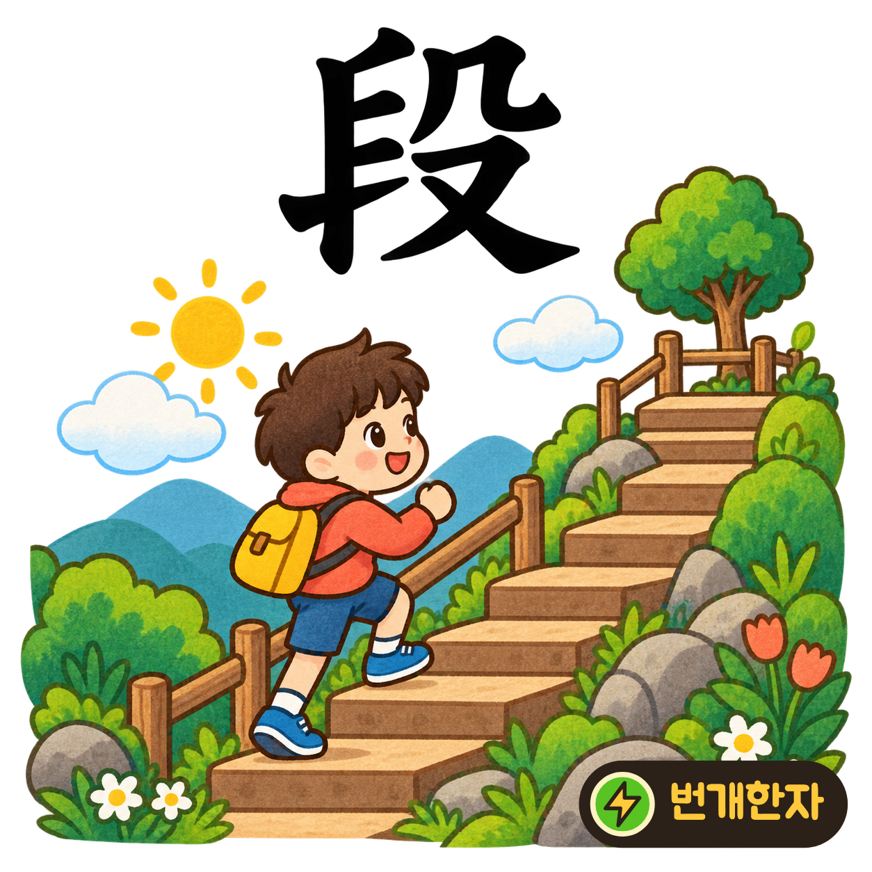 段: 층층이 놓인 왼쪽 획 옆에 殳가 있어요. 계단 한 단씩 올라가는 모습을 상상해요. (기억 그림)