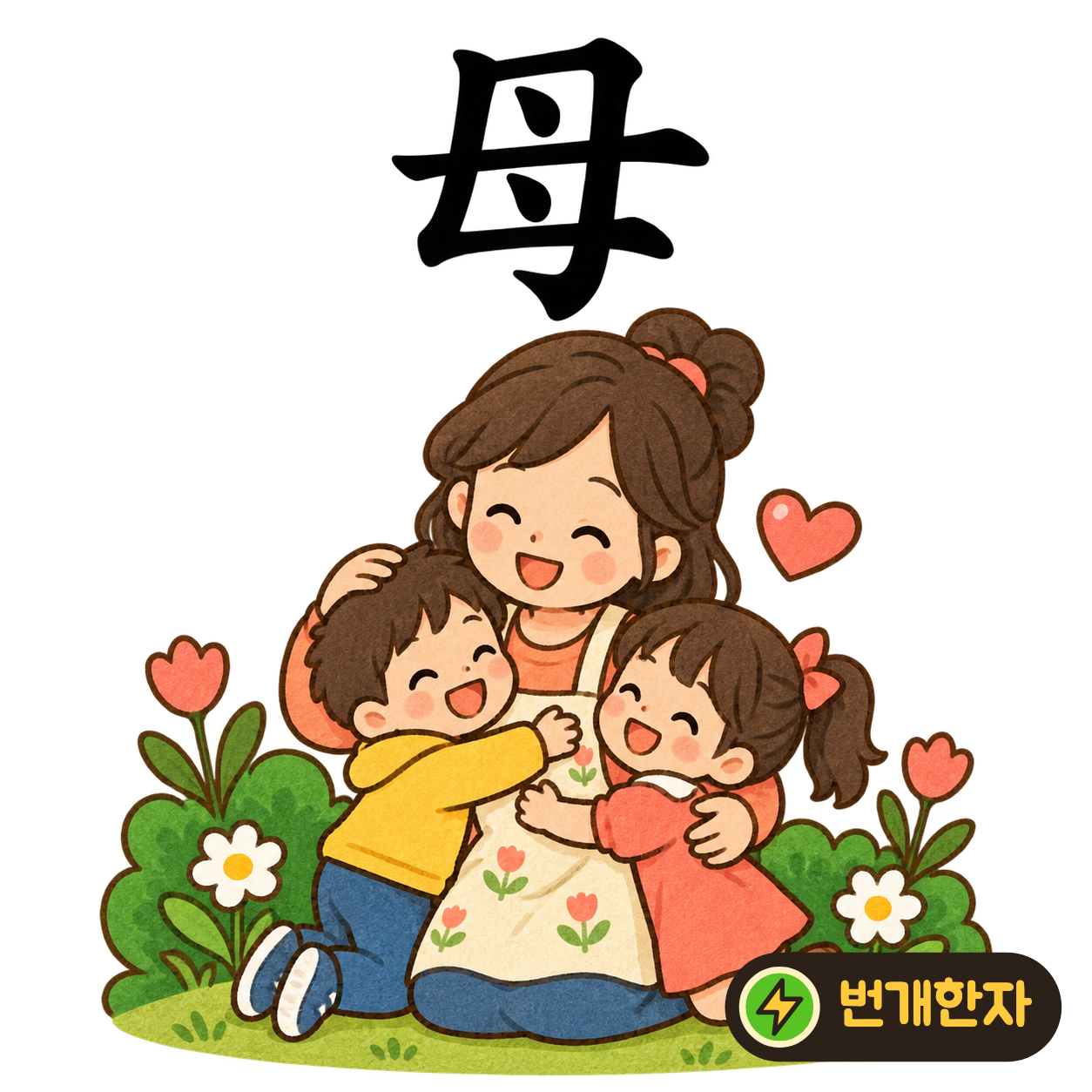 母: 네모처럼 둘러진 획 안에 점 두 개가 있어요. 아이를 품에 안고 돌보는 어머니를 떠올려요. (기억 그림)