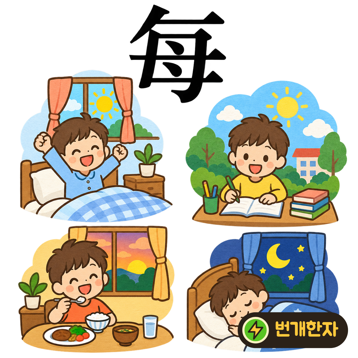 每: 윗부분 아래에 어머니 母가 있어요. 날마다 가족을 반갑게 만나는 장면으로 ‘매번’을 기억해요. (기억 그림)