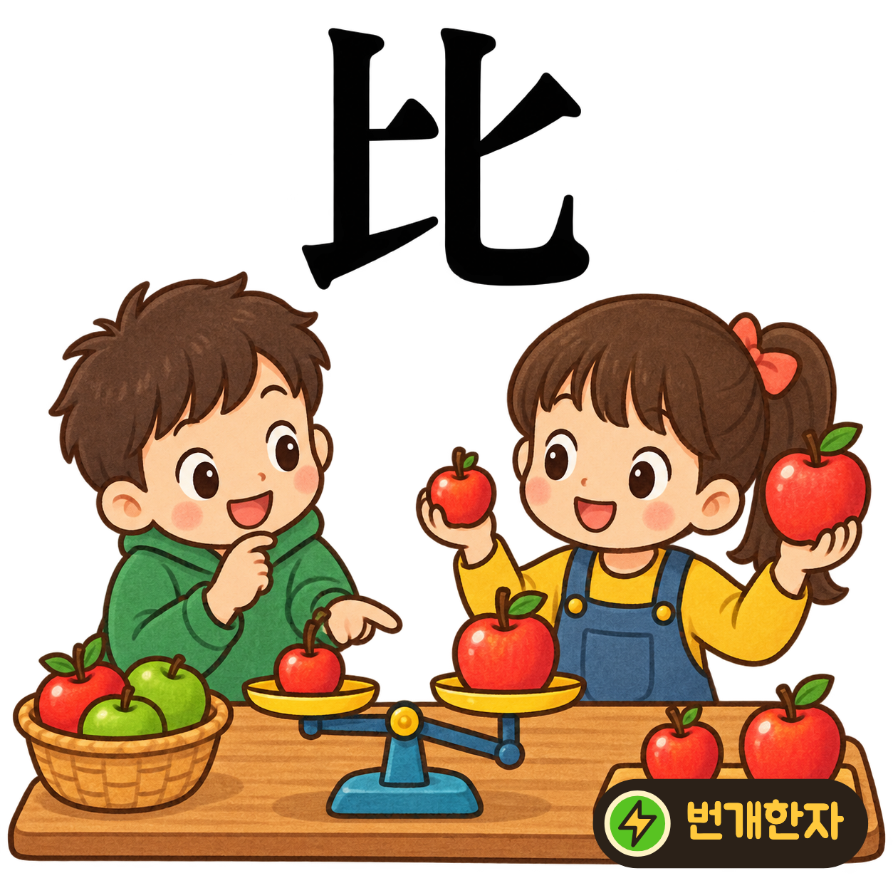 比: 비슷한 모양 둘이 나란히 있어요. 두 물건을 옆에 놓고 크기를 견주는 모습이에요. (기억 그림)