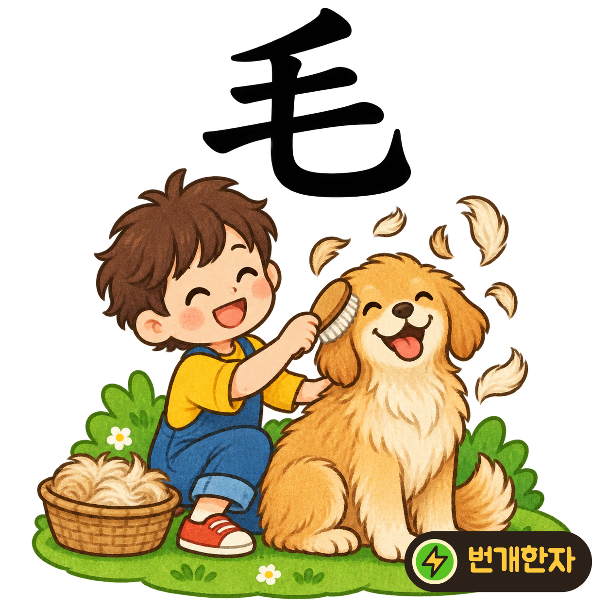 毛: 가로획들 아래에서 긴 획이 부드럽게 휘어요. 가늘고 부드러운 털을 빗는 모습을 떠올려요. (기억 그림)