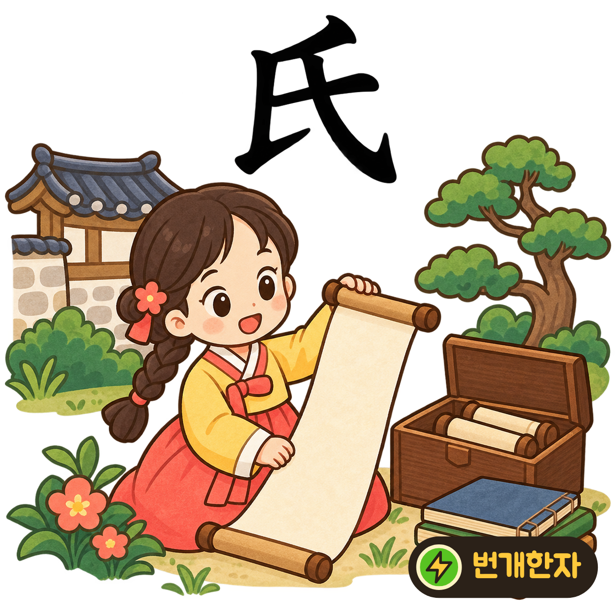 氏: 길게 굽은 획이 아래를 감싸요. 가족 이름을 한 줄로 이어 적은 이름표를 상상해요. (기억 그림)