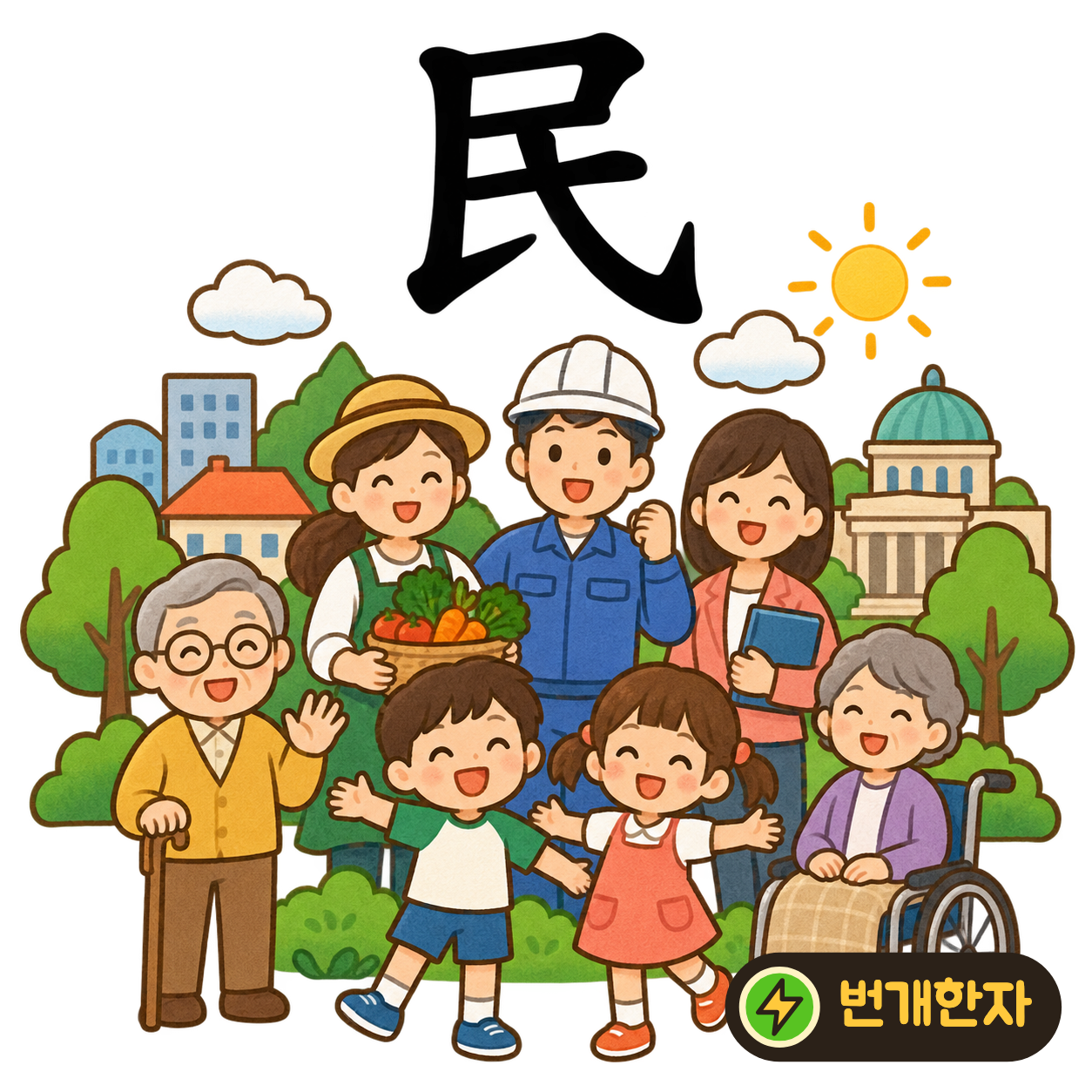 民: 네모가 든 윗부분 아래로 긴 획이 뻗어요. 여러 백성의 이름을 긴 종이에 적는 모습을 상상해요. (기억 그림)