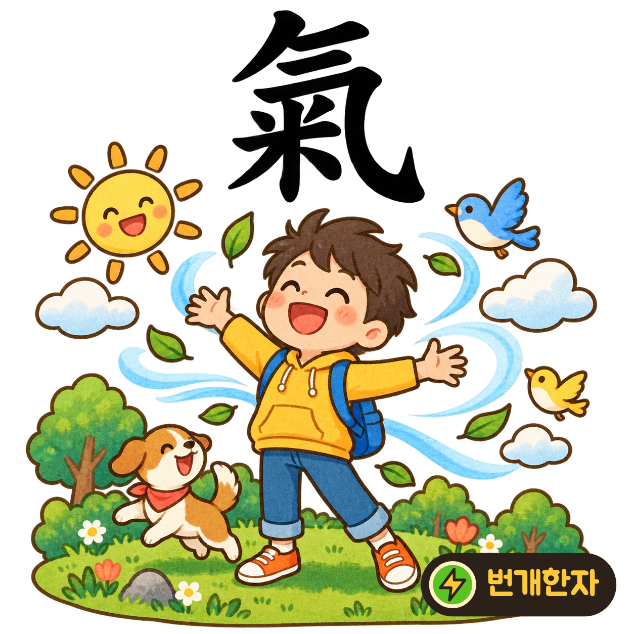 氣: 기운 모양 气 안에 쌀 米가 있어요. 밥을 먹고 몸에 기운이 차오르는 모습이에요. (기억 그림)