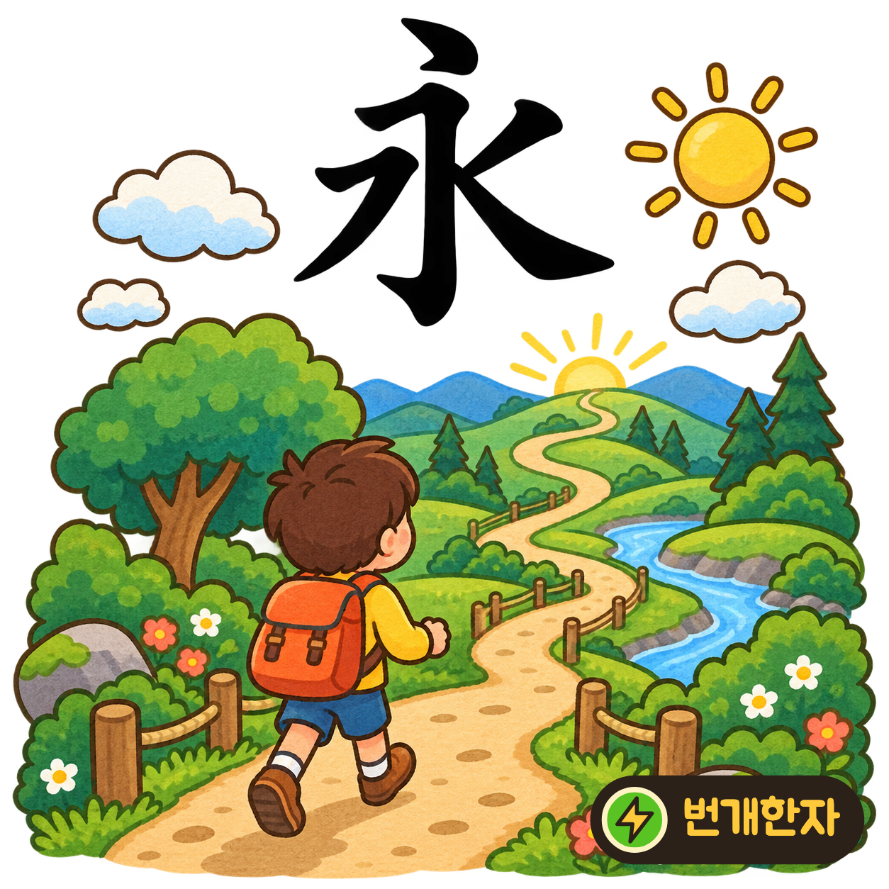 永: 위의 점 아래에서 획들이 길게 갈라져요. 물줄기가 아주 먼 곳까지 길게 이어진다고 상상해요. (기억 그림)