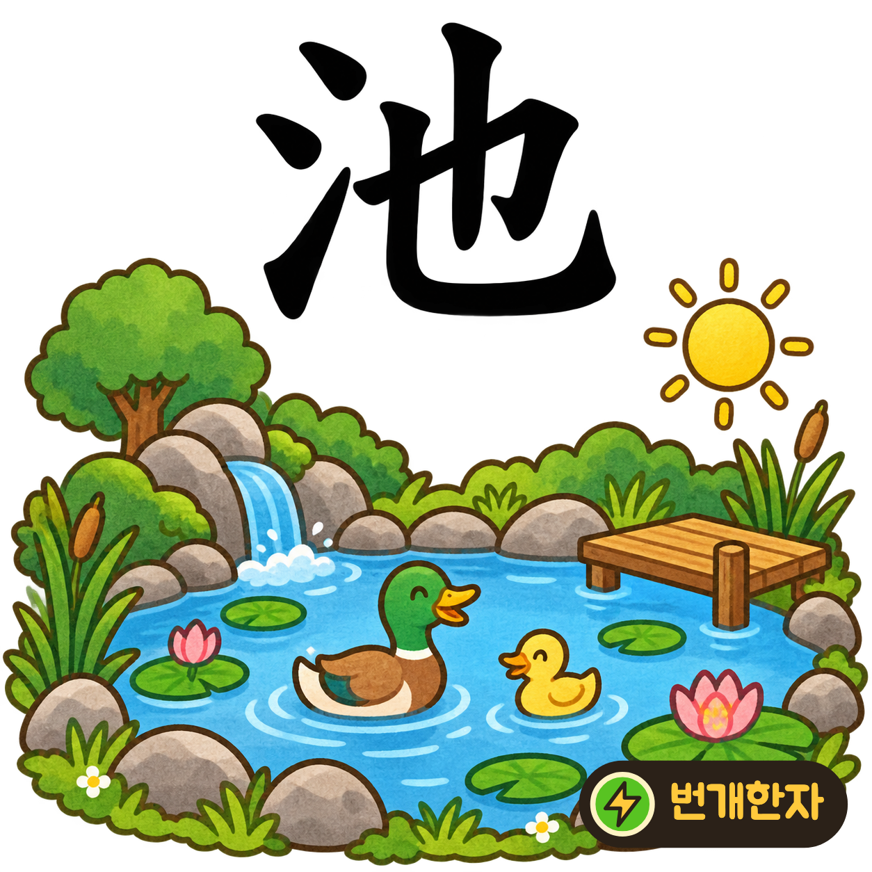池: 물 모양 氵 옆에 也가 넓게 놓여 있어요. 물이 넓게 고여 있는 연못을 떠올려요. (기억 그림)
